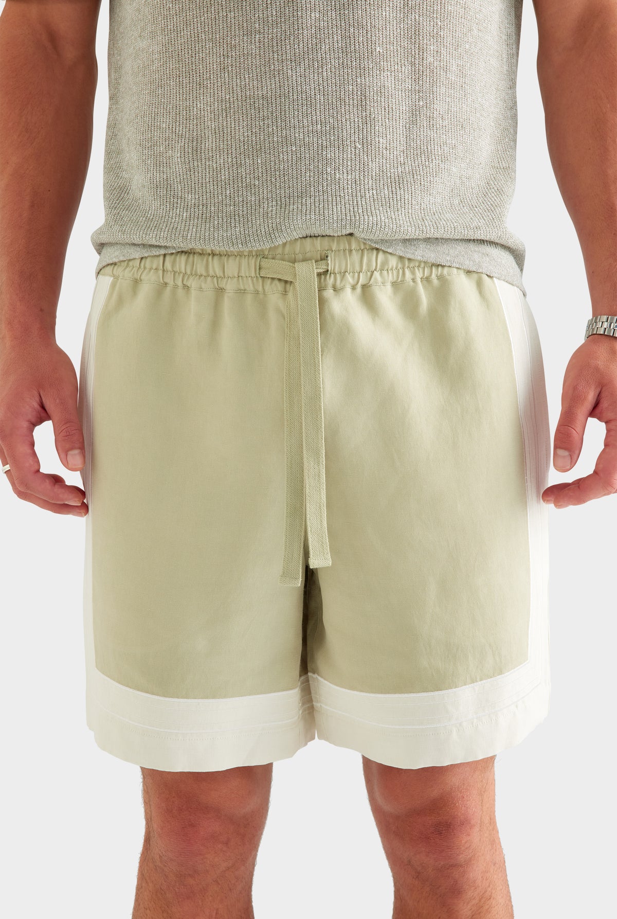 Panelled Applique Border Silk Linen Short - Stone Green/Cream