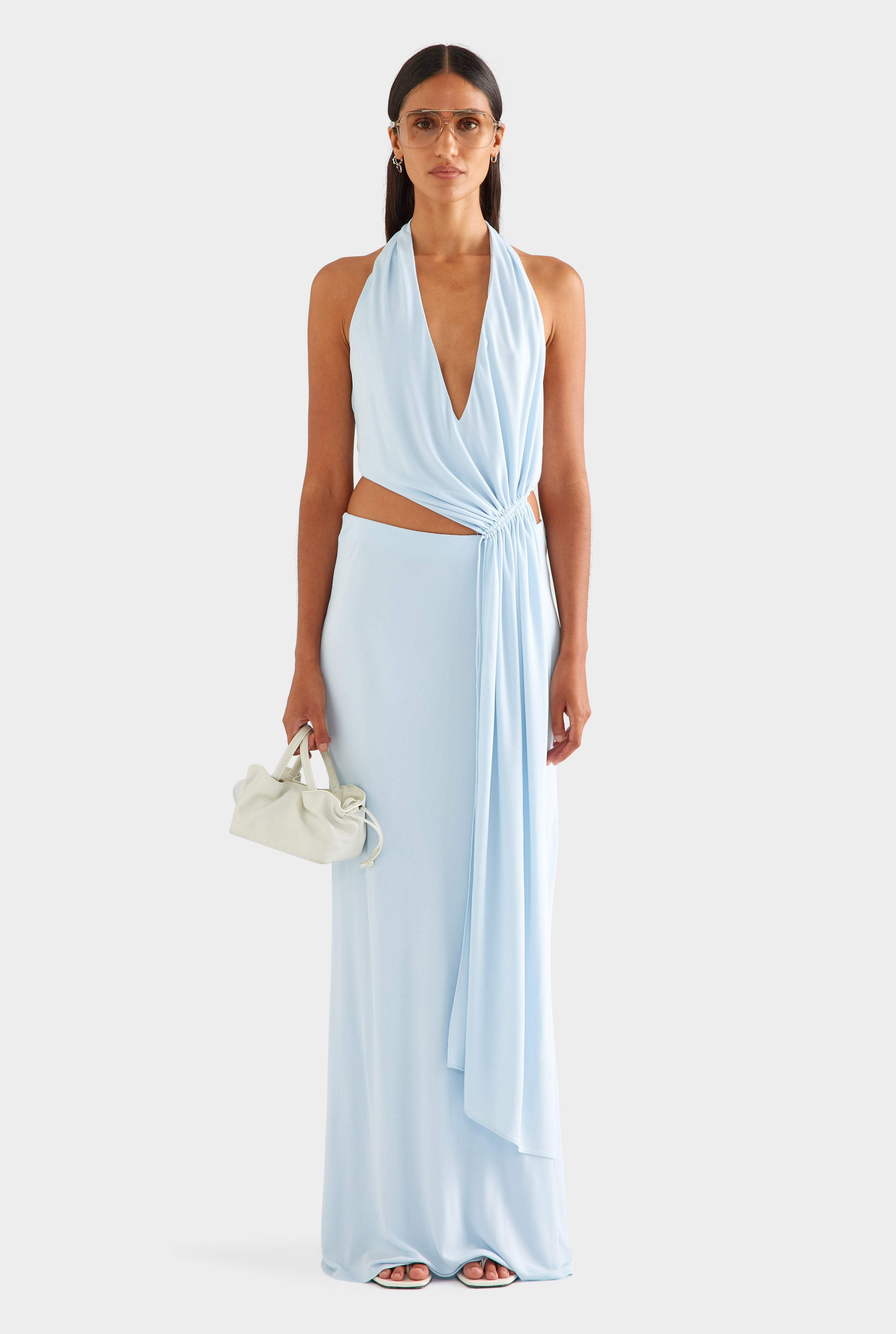 Drawstring Sash Maxi Dress - Ice Blue