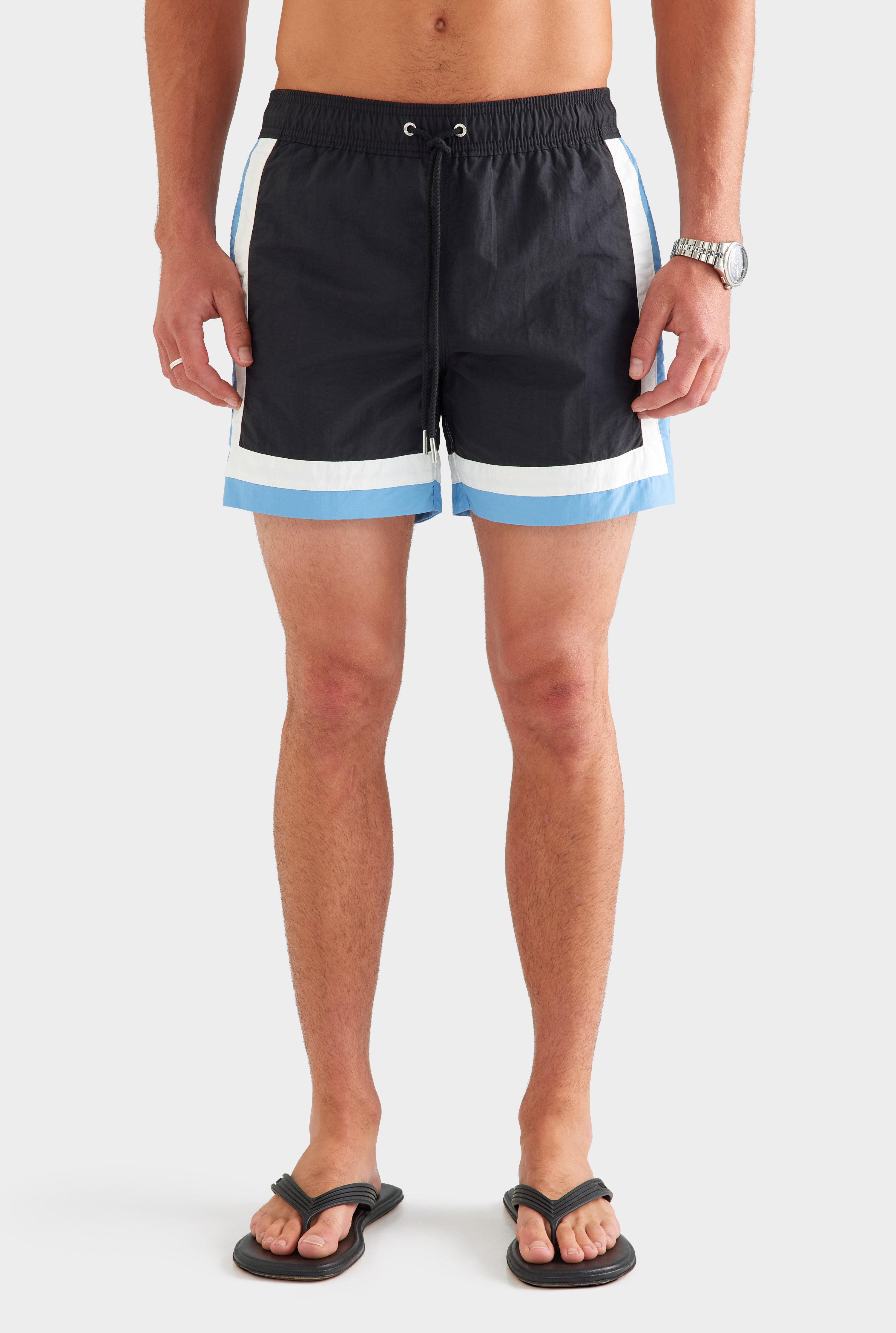 Tri Colour Nylon Swim Short - Black/White/Dusk Blue