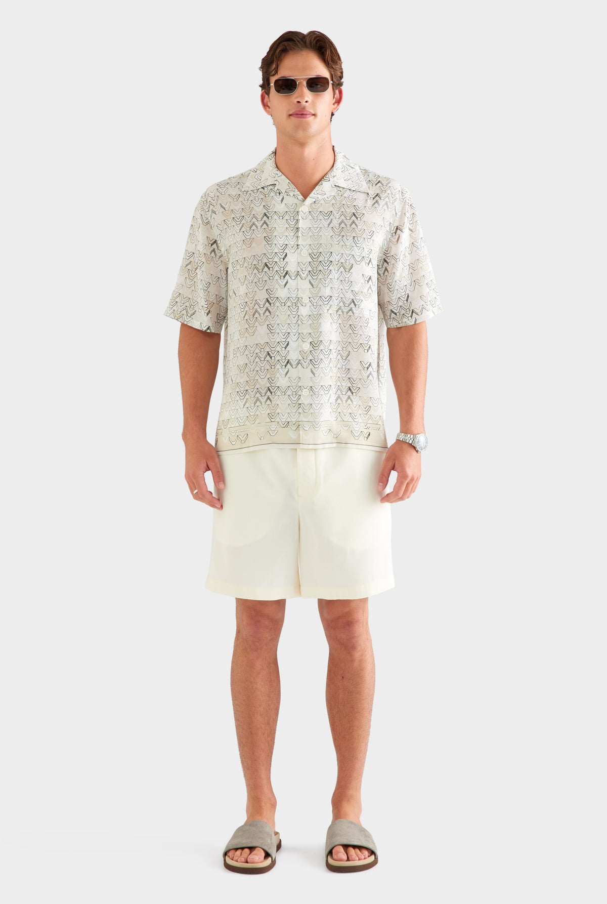 Short Sleeve Silk Camp Collar Shirt - Beige Sketched V Monogram