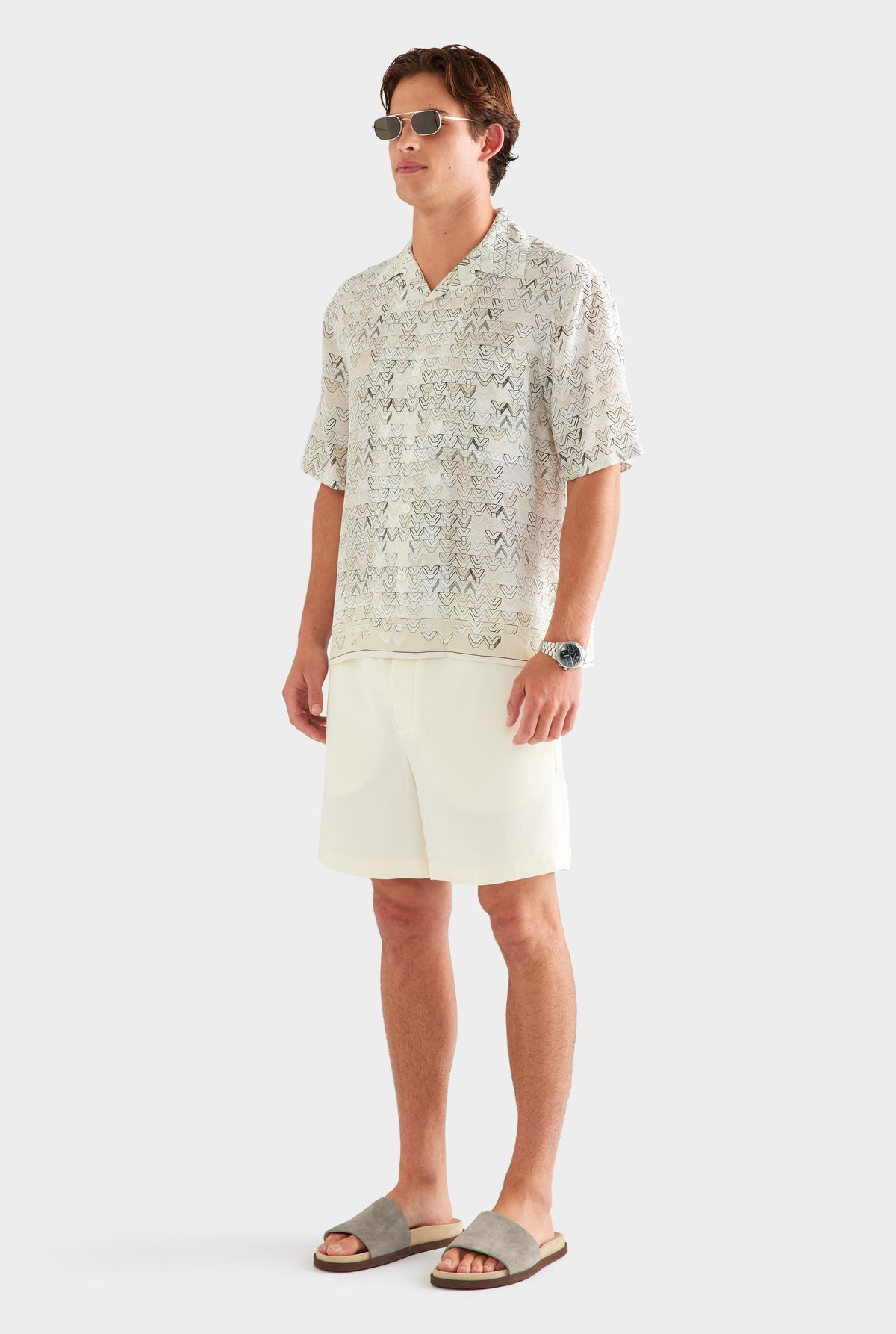 Short Sleeve Silk Camp Collar Shirt - Beige Sketched V Monogram