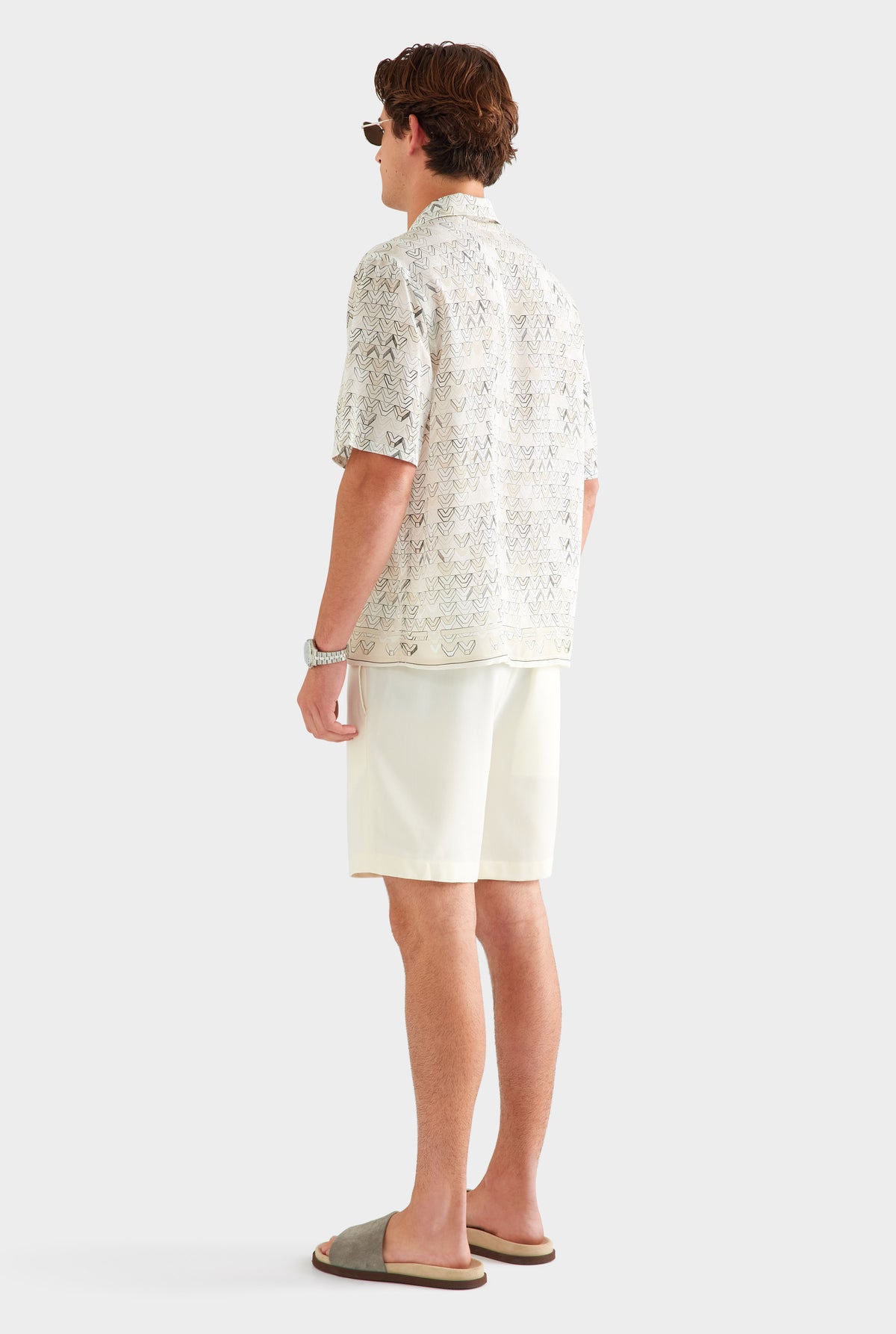 Short Sleeve Silk Camp Collar Shirt - Beige Sketched V Monogram