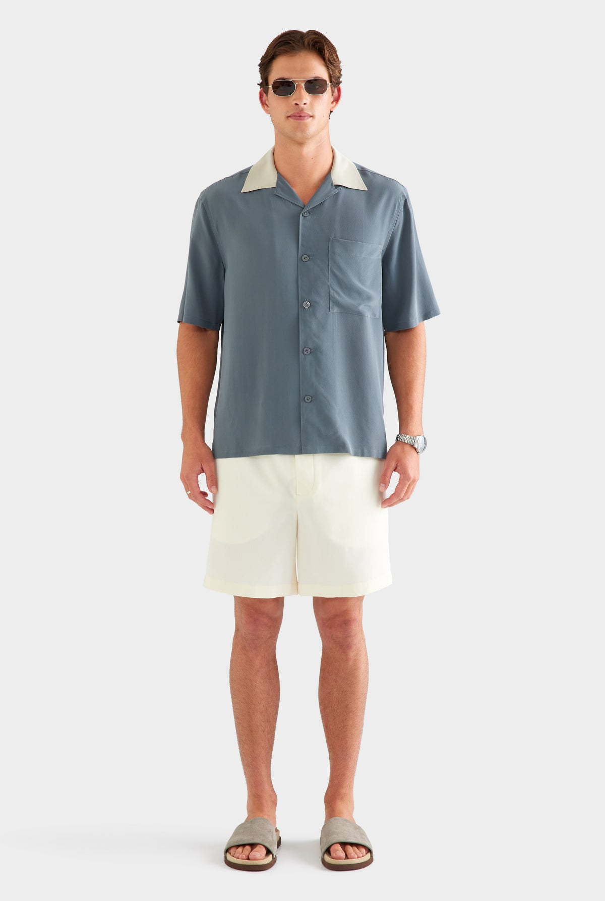 Short Sleeve Silk Camp Collar Shirt - Navy/Stone
