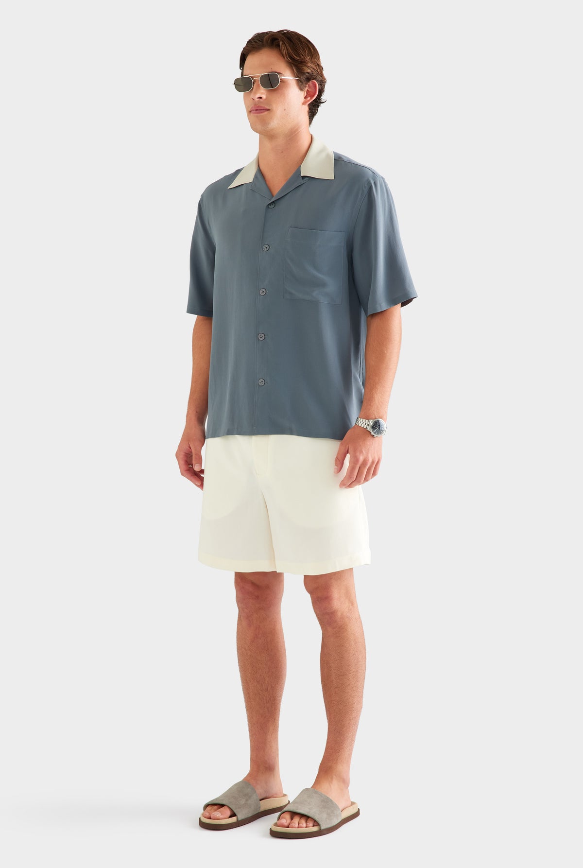 Short Sleeve Silk Camp Collar Shirt - Navy/Stone