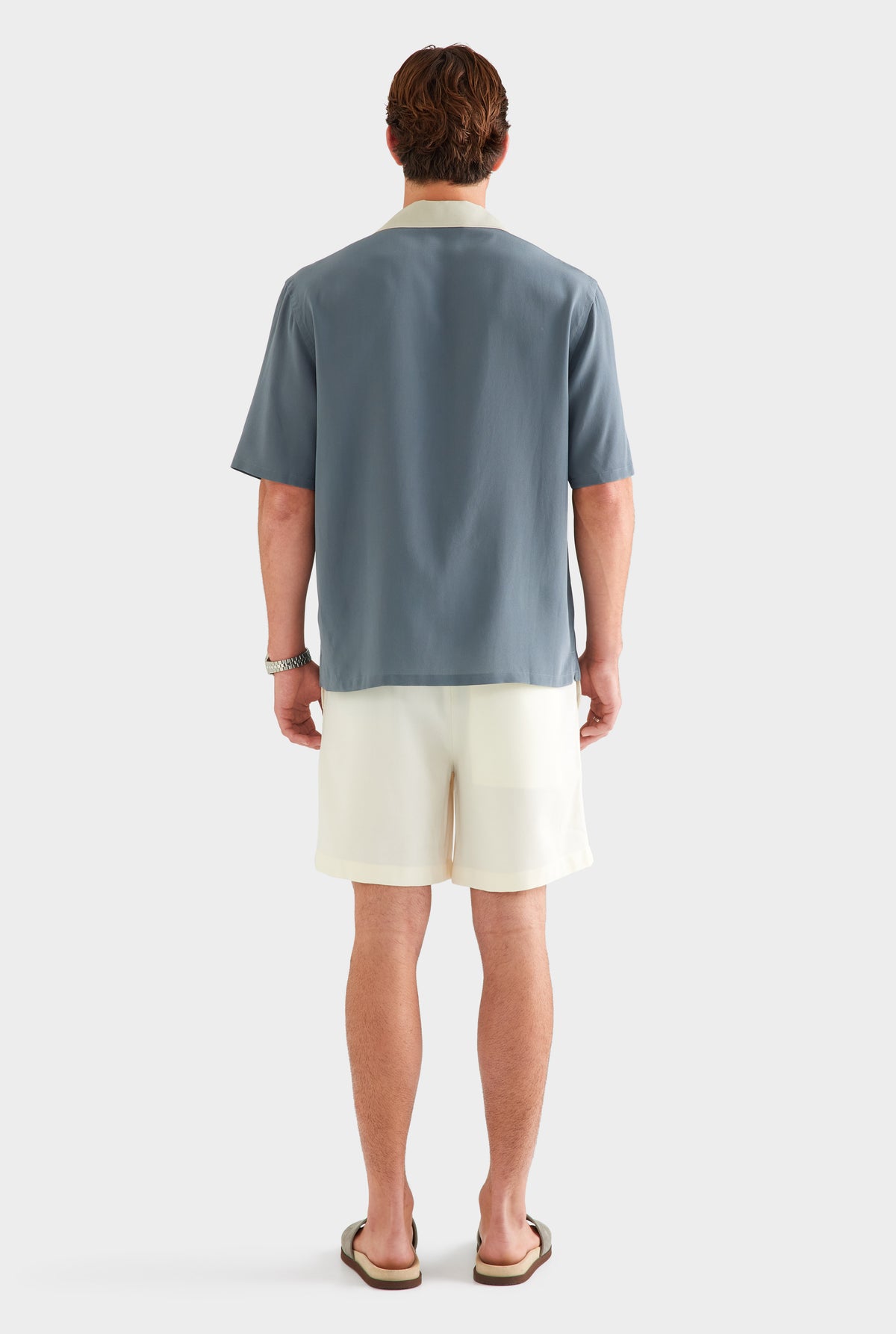 Short Sleeve Silk Camp Collar Shirt - Navy/Stone