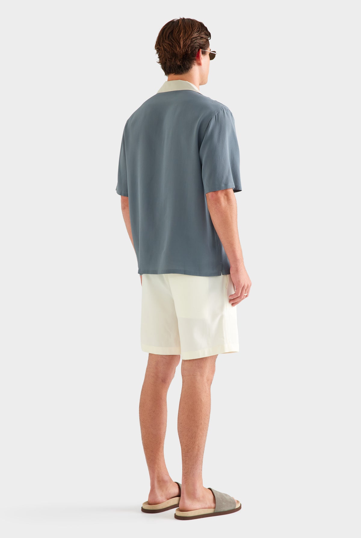 Short Sleeve Silk Camp Collar Shirt - Navy/Stone