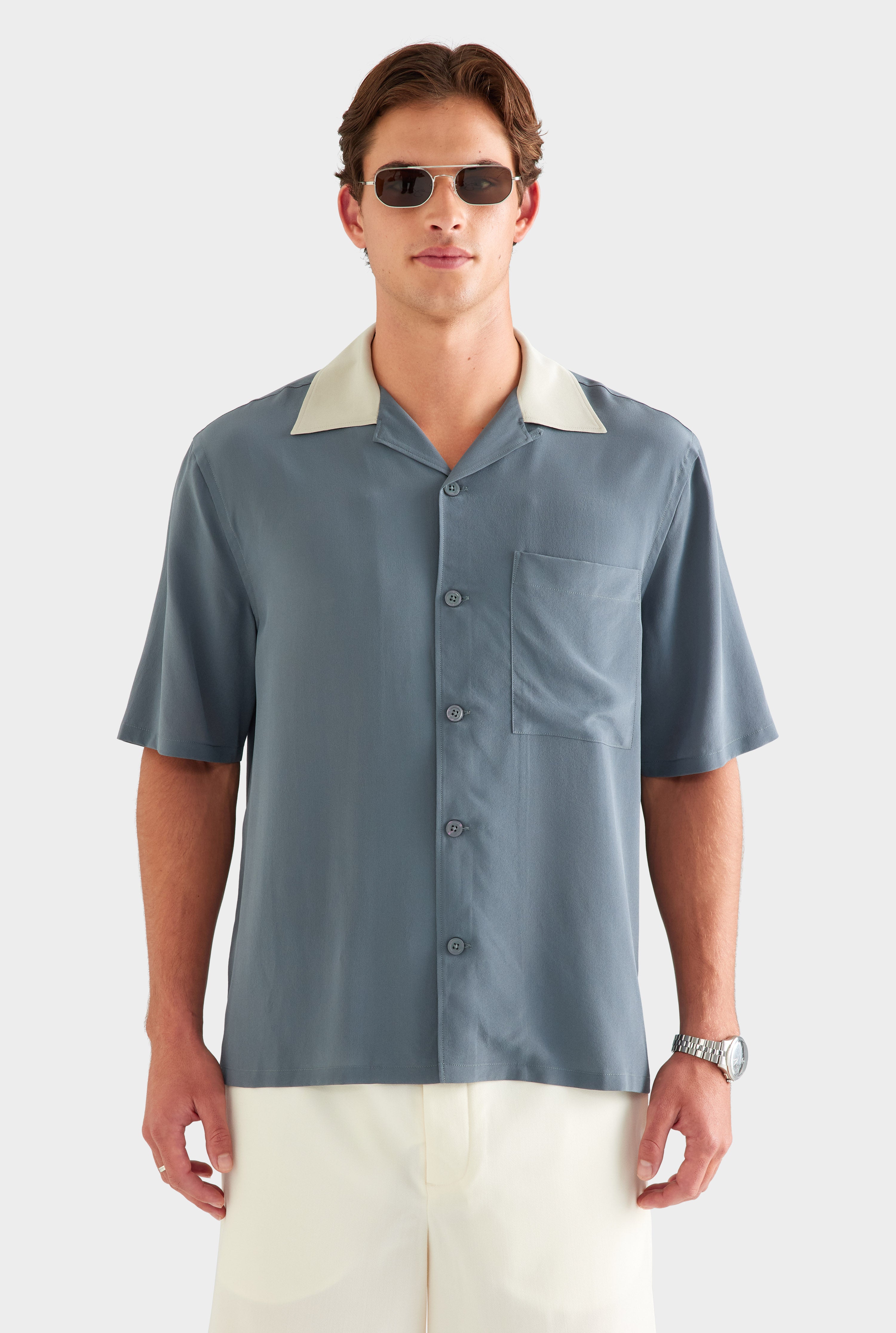 Short Sleeve Silk Camp Collar Shirt - Navy/Stone
