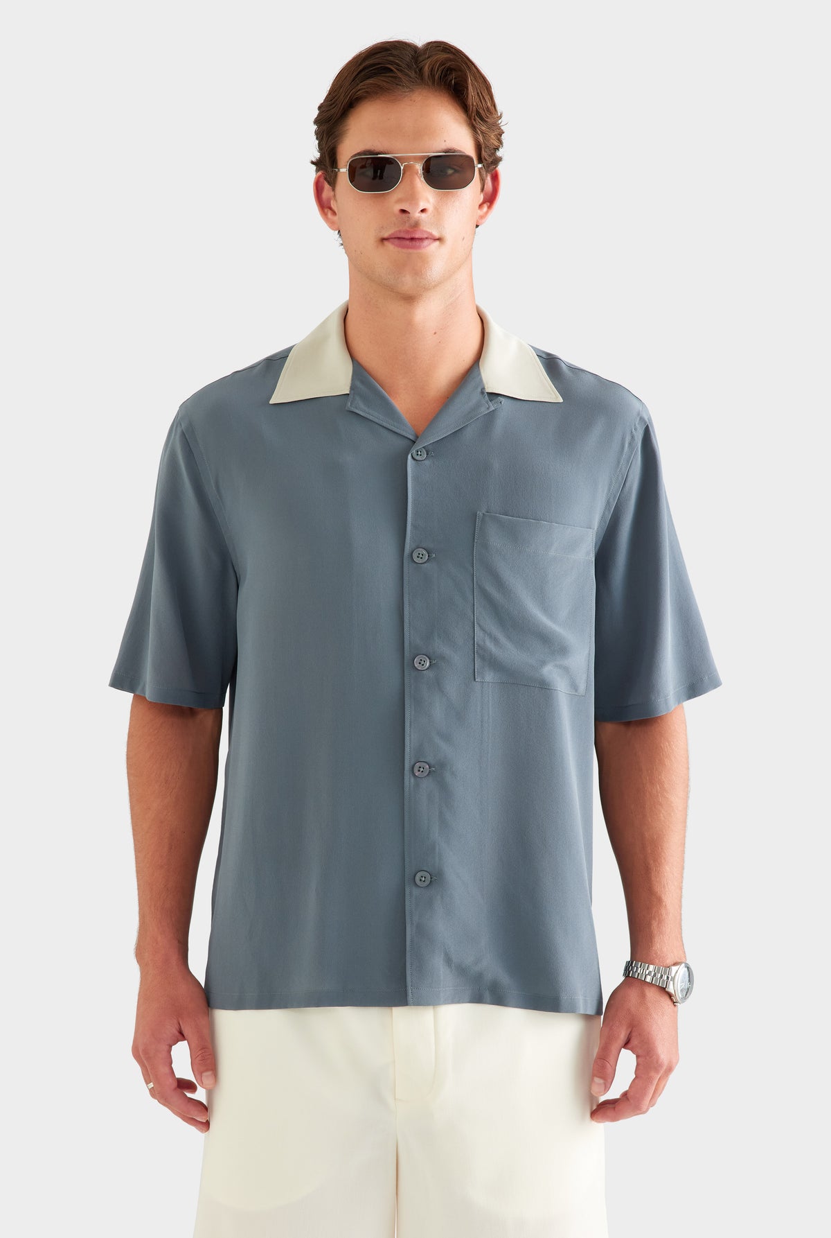 Short Sleeve Silk Camp Collar Shirt - Navy/Stone