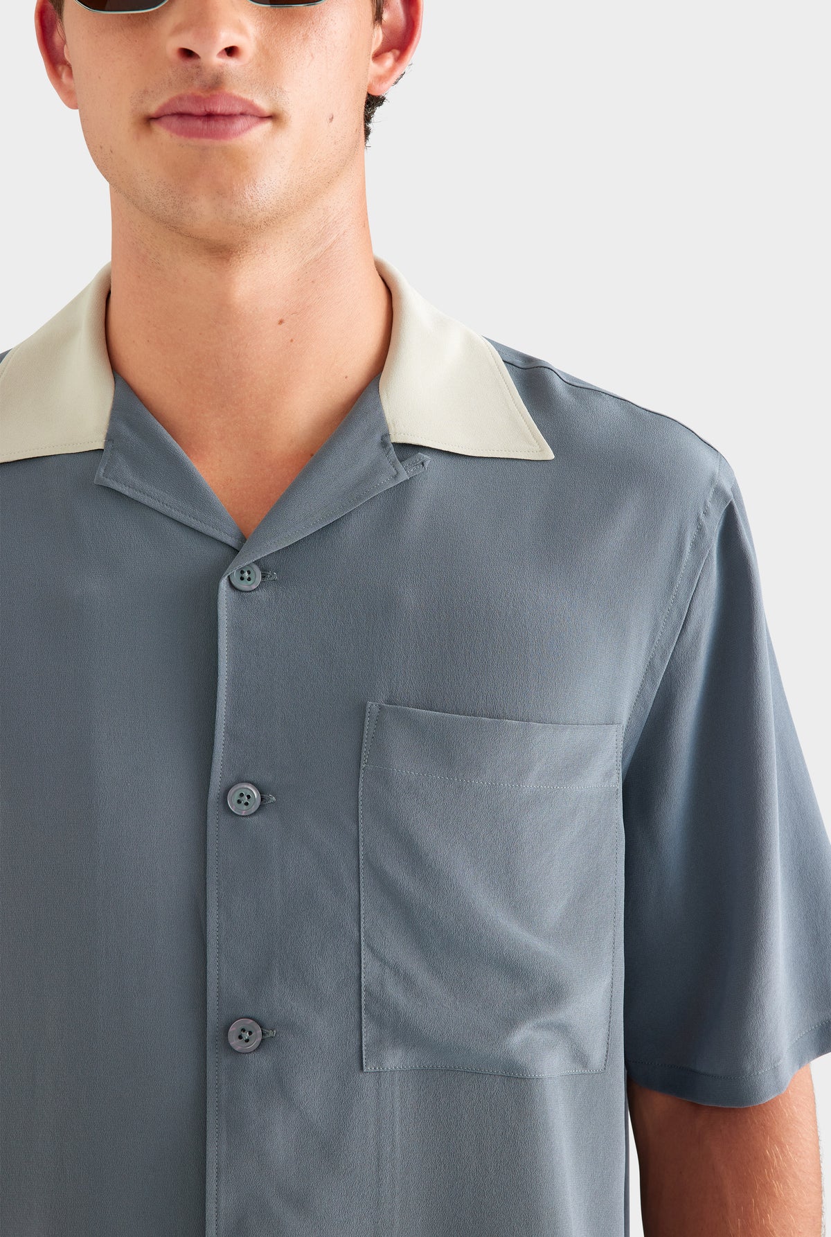 Short Sleeve Silk Camp Collar Shirt - Navy/Stone