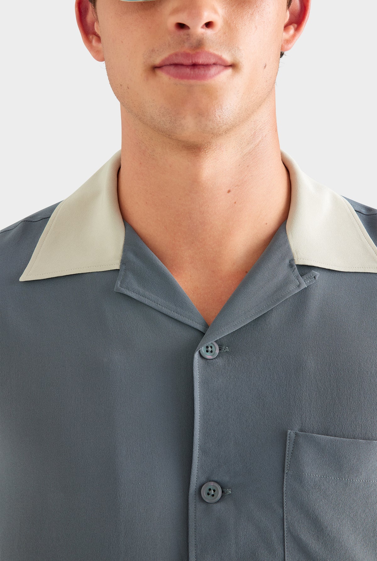 Short Sleeve Silk Camp Collar Shirt - Navy/Stone