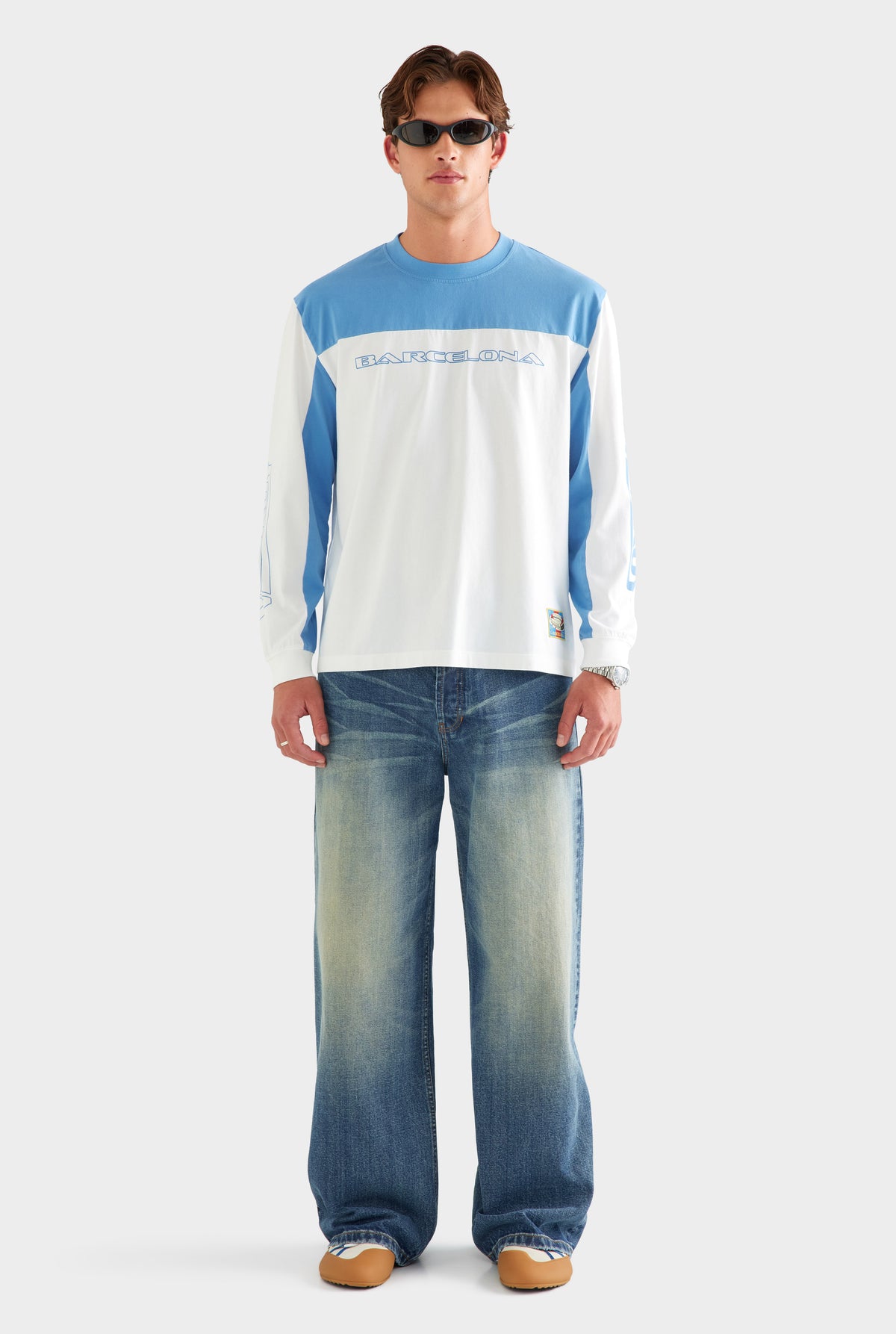 Panelled Long Sleeve T Shirt - White/Blue