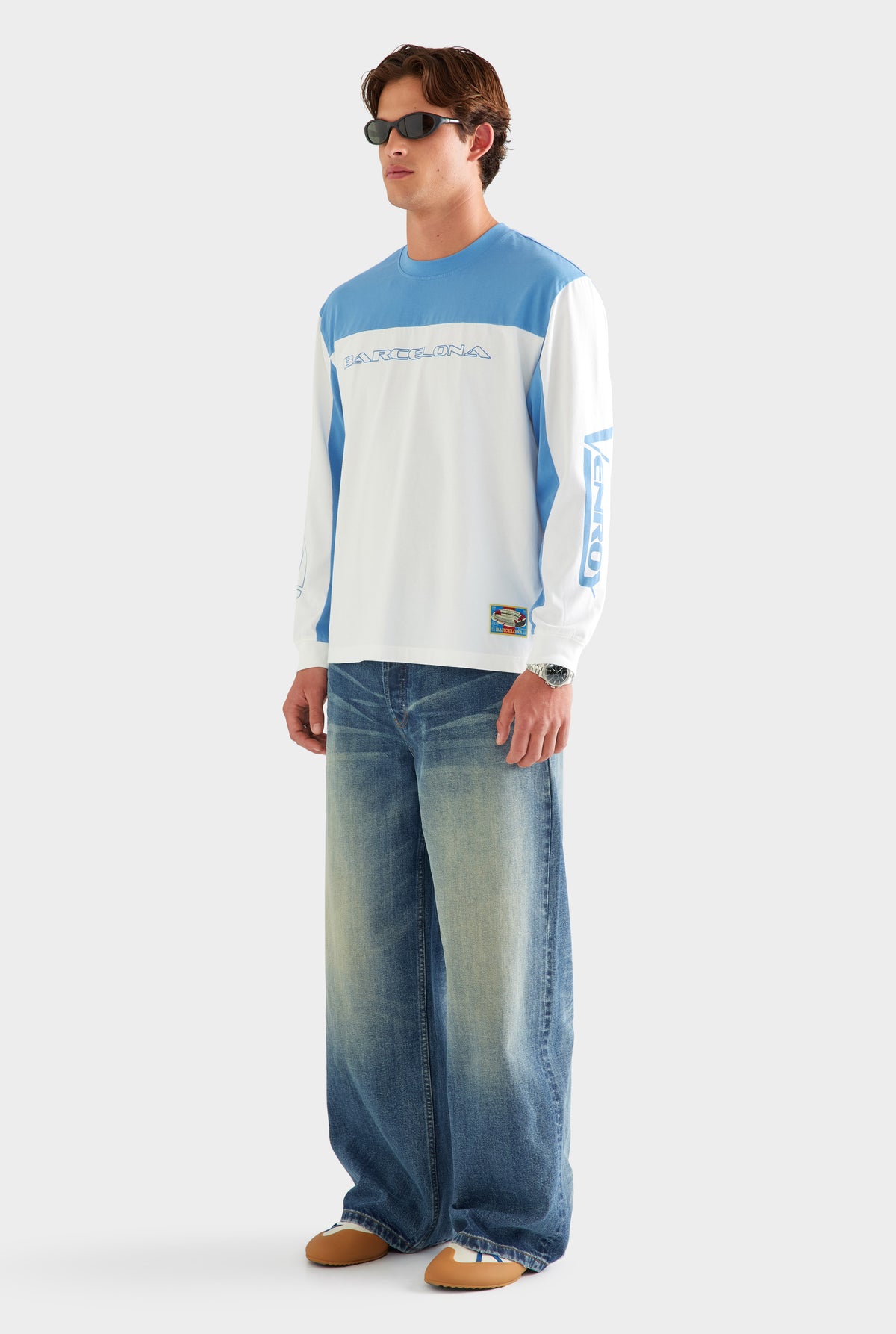 Panelled Long Sleeve T Shirt - White/Blue