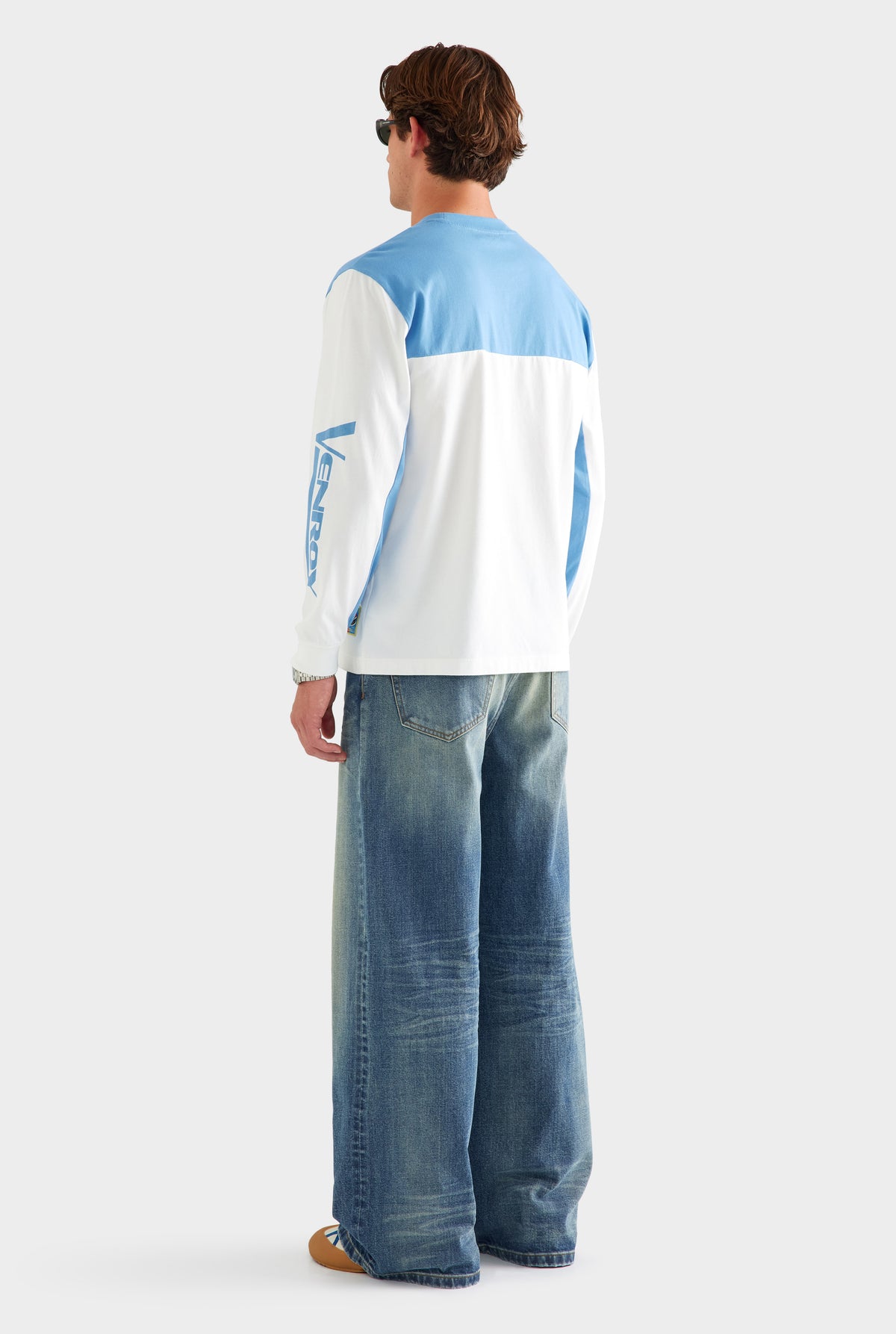 Panelled Long Sleeve T Shirt - White/Blue
