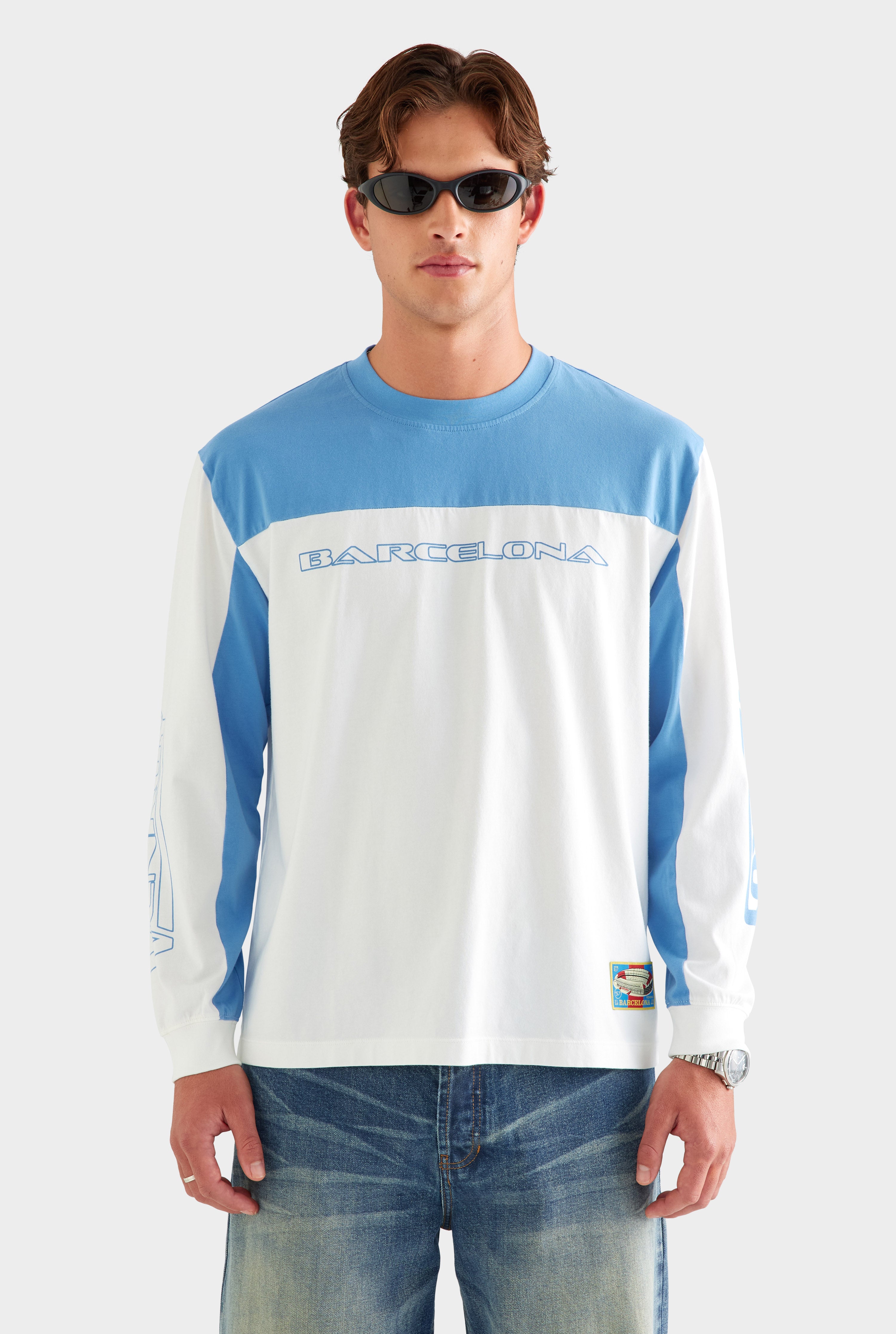 Panelled Long Sleeve T Shirt - White/Blue