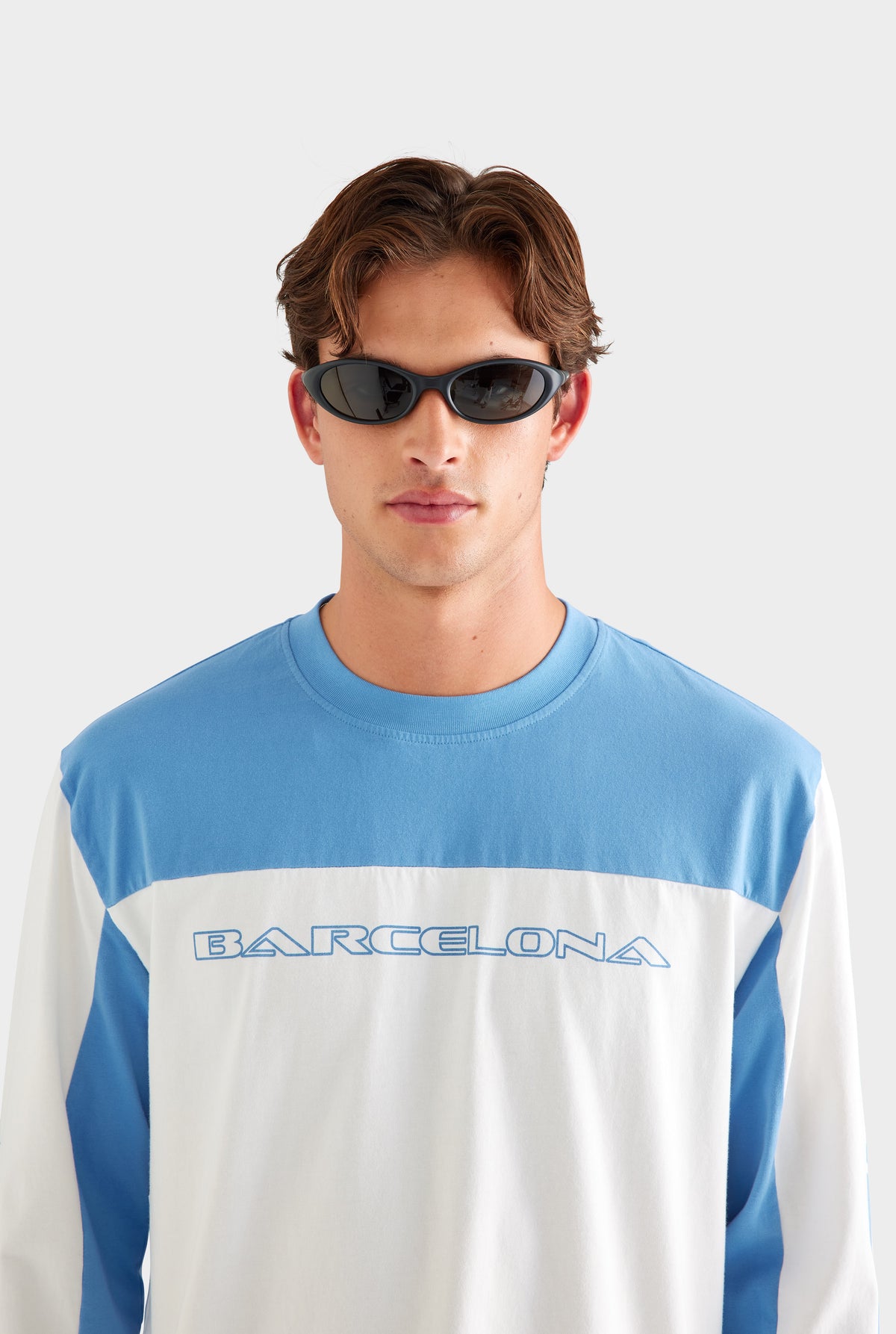 Panelled Long Sleeve T Shirt - White/Blue