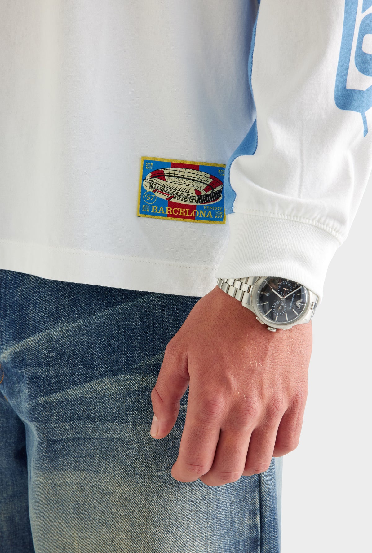 Panelled Long Sleeve T Shirt - White/Blue