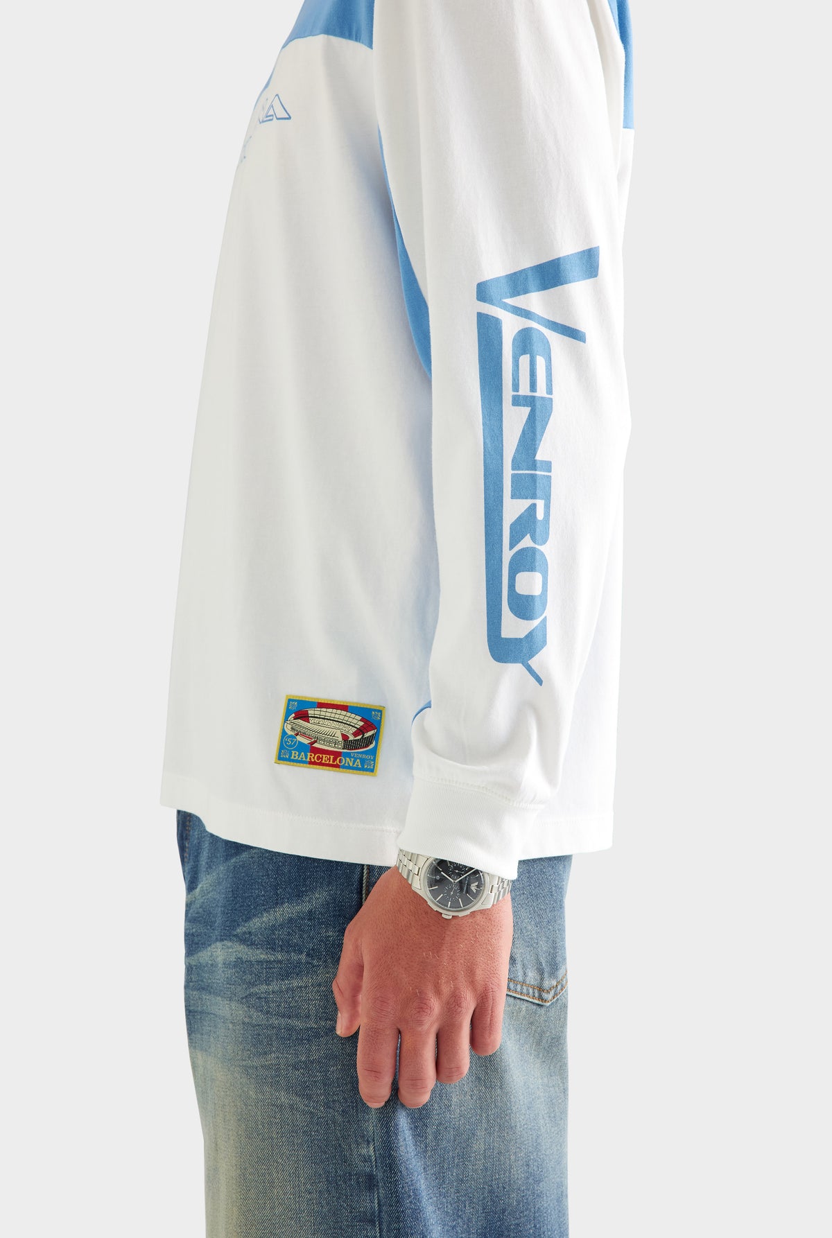 Panelled Long Sleeve T Shirt - White/Blue