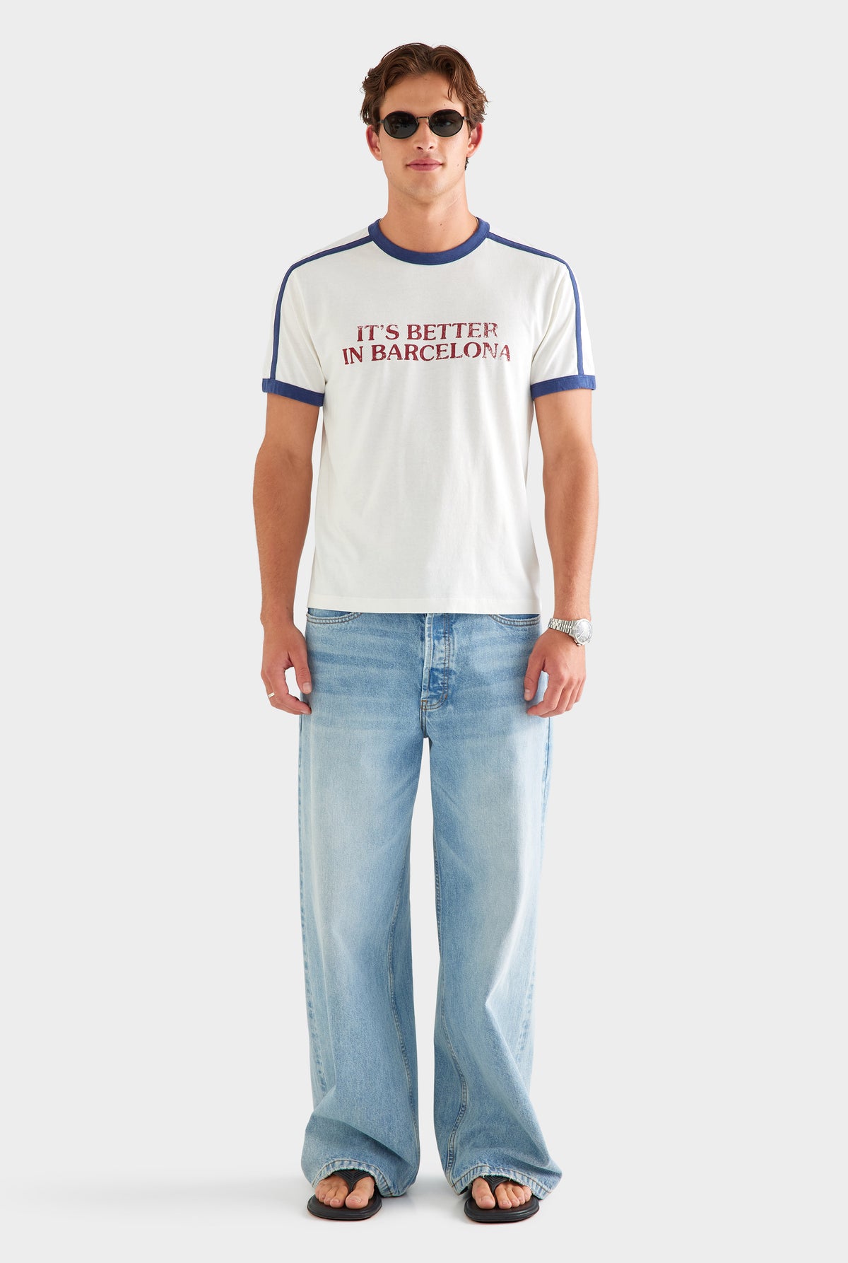 Cotton Slub Ringer T Shirt - White/Navy