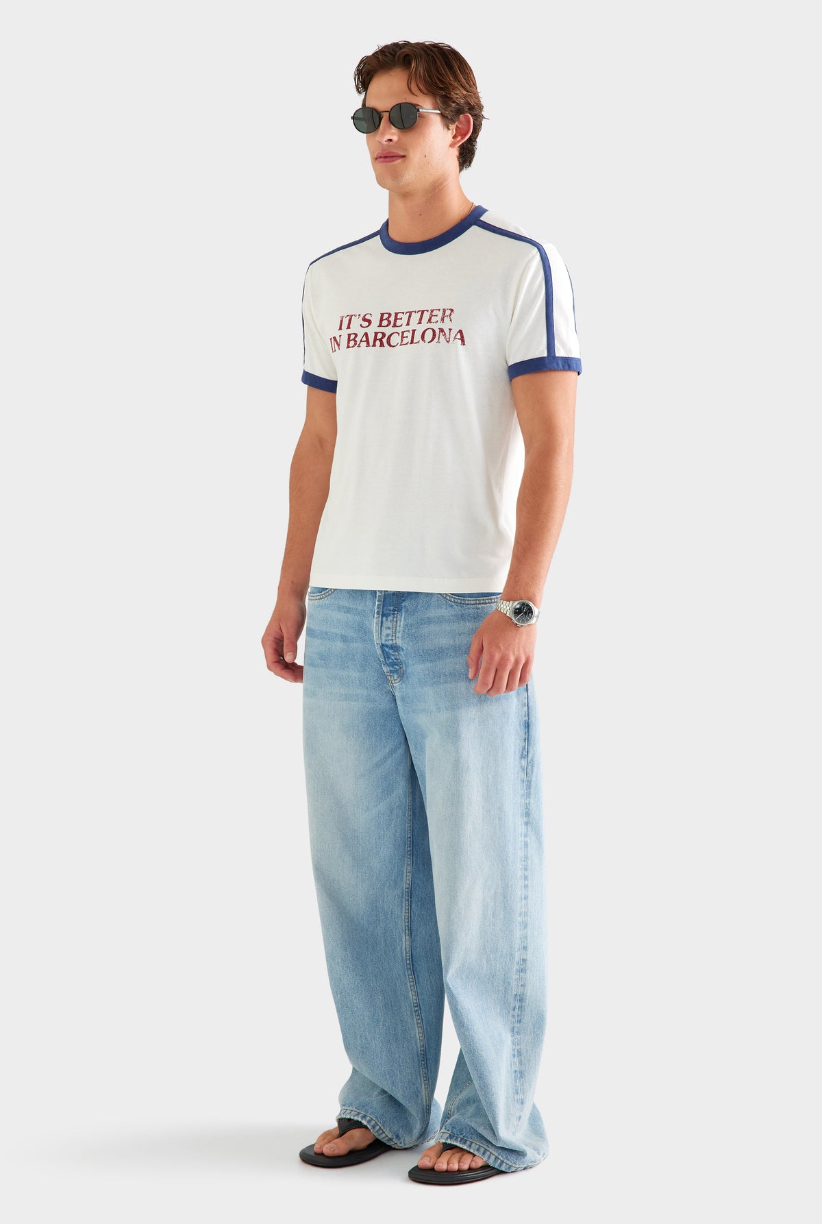 Cotton Slub Ringer T Shirt - White/Navy