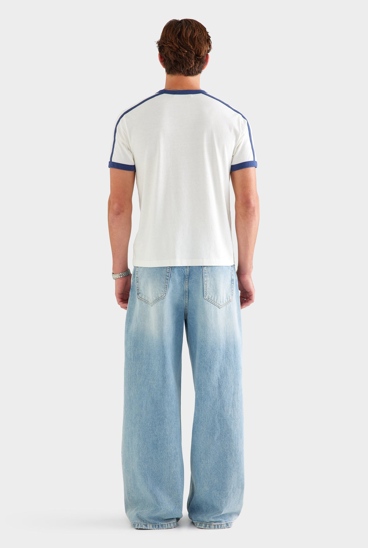 Cotton Slub Ringer T Shirt - White/Navy