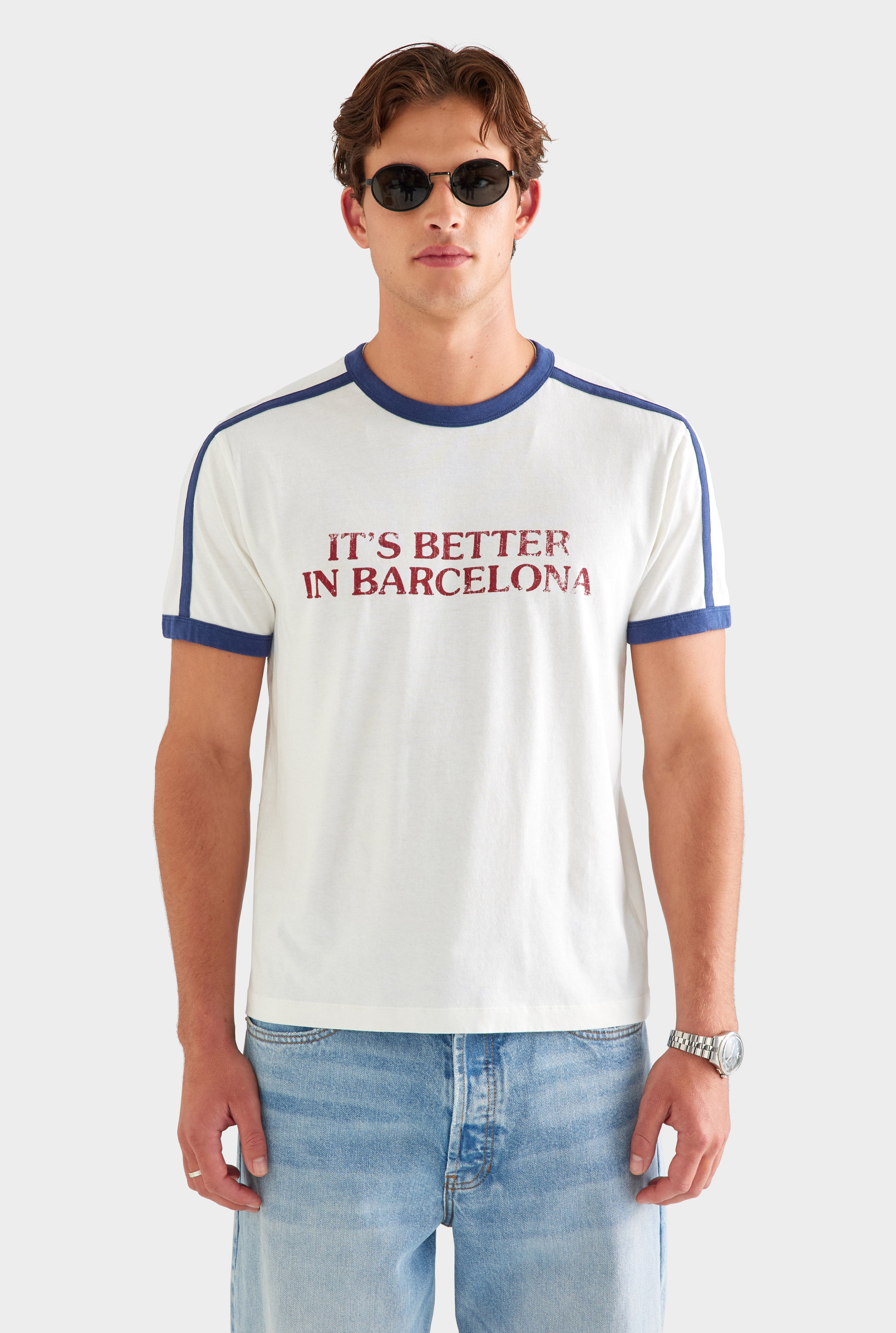 Cotton Slub Ringer T Shirt - White/Navy