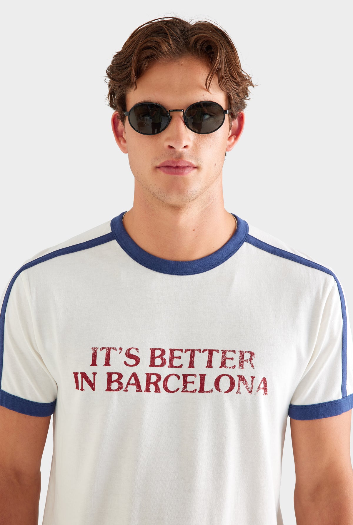 Cotton Slub Ringer T Shirt - White/Navy