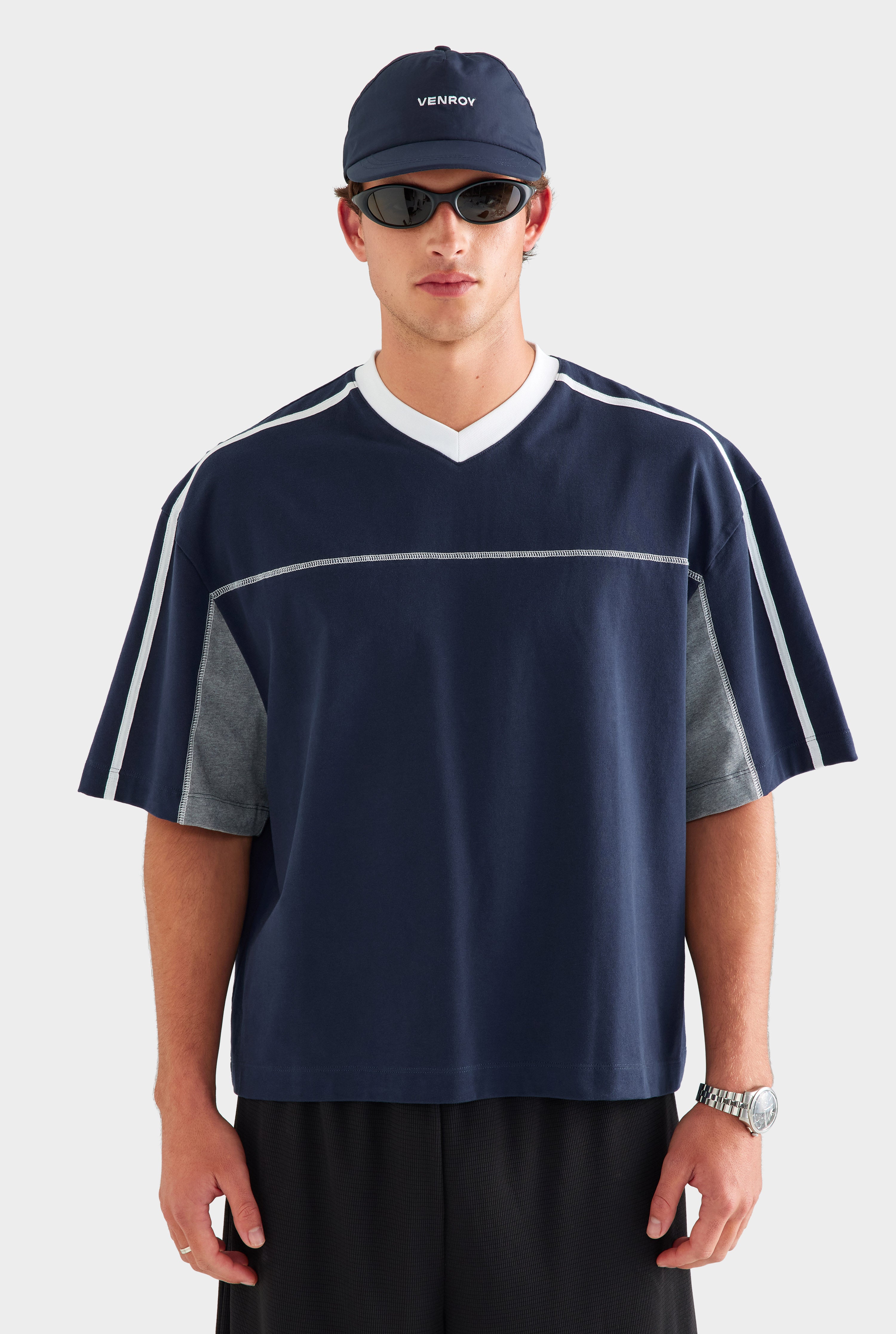 Panelled V Neck T Shirt - Navy/Grey Marl/White