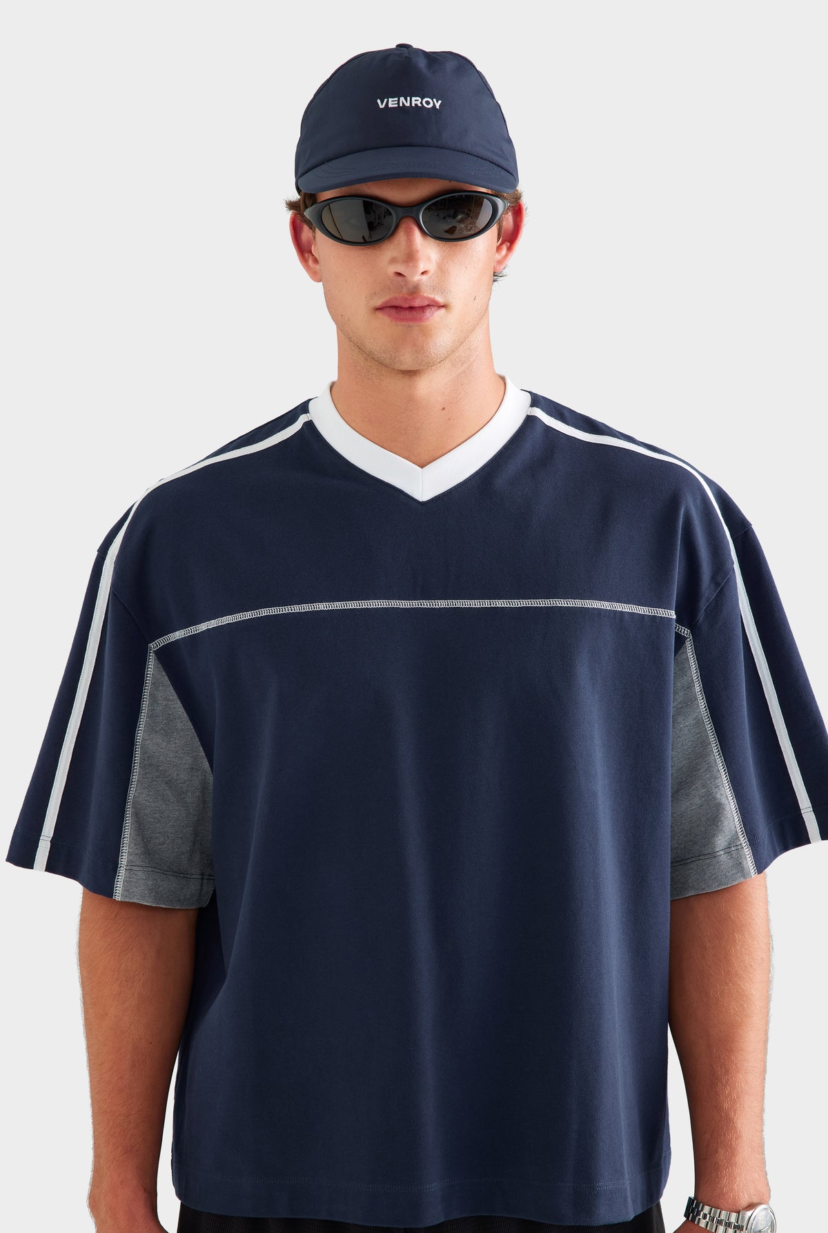 Panelled V Neck T Shirt - Navy/Grey Marl/White