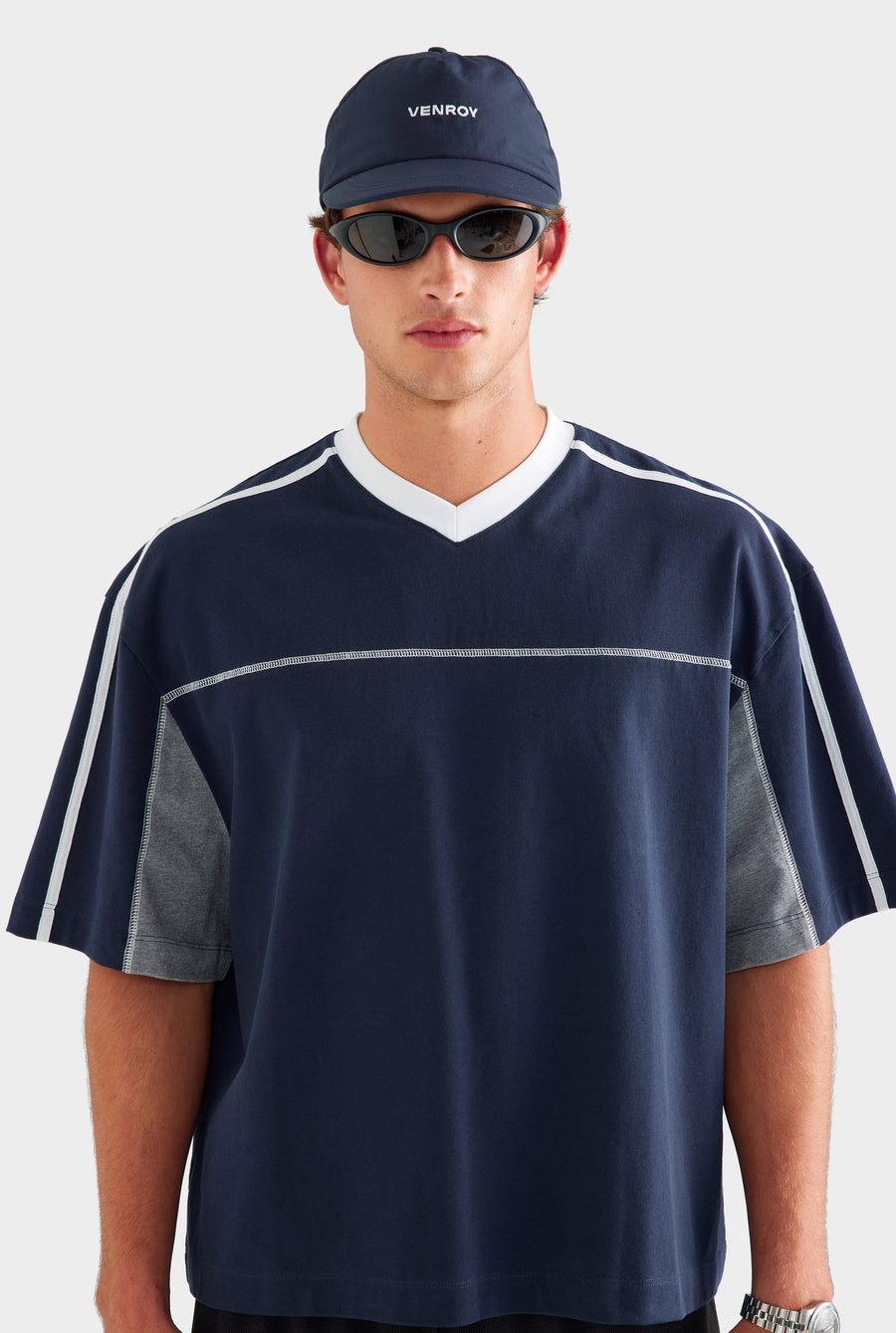 Panelled V Neck T Shirt - Navy/Grey Marl/White