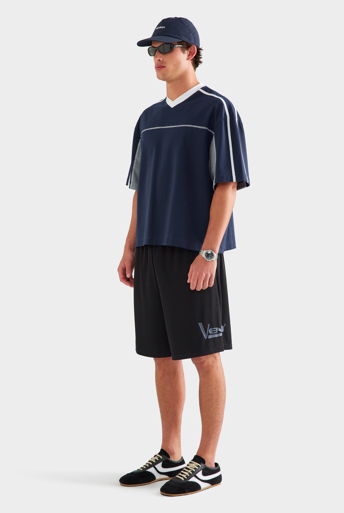 Panelled V Neck T Shirt - Navy/Grey Marl/White
