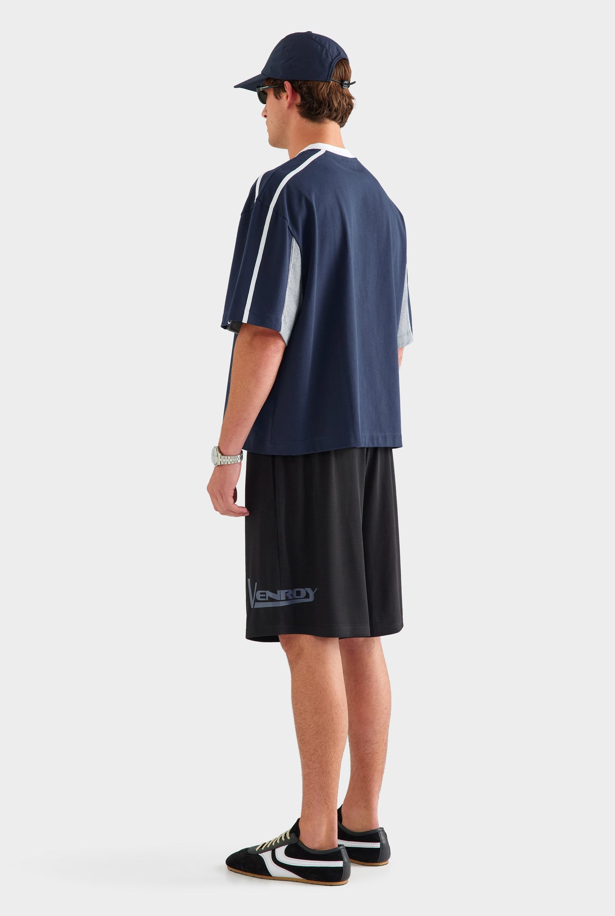 Panelled V Neck T Shirt - Navy/Grey Marl/White