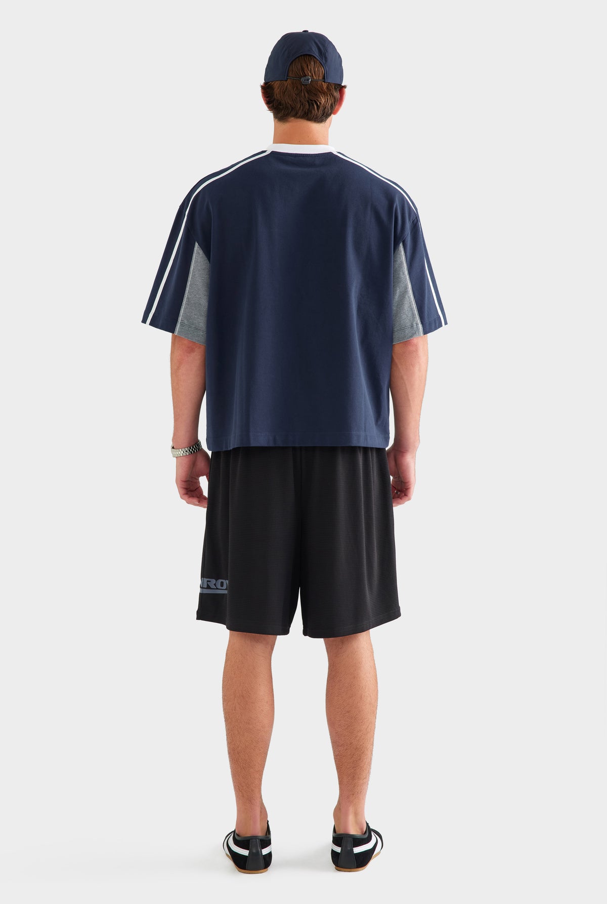 Panelled V Neck T Shirt - Navy/Grey Marl/White