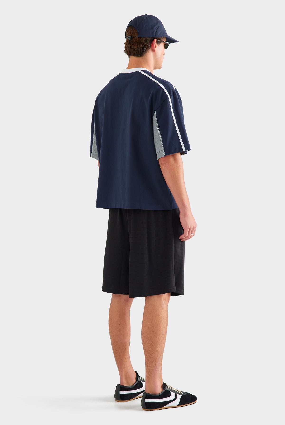 Panelled V Neck T Shirt - Navy/Grey Marl/White