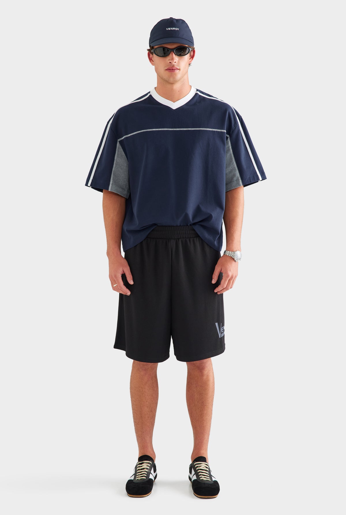 Panelled V Neck T Shirt - Navy/Grey Marl/White