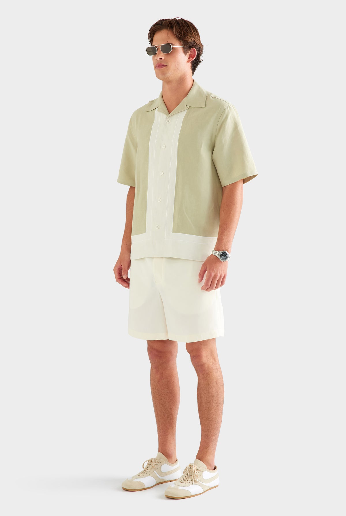 Applique Border Silk Linen Shirt - Stone Green/Cream