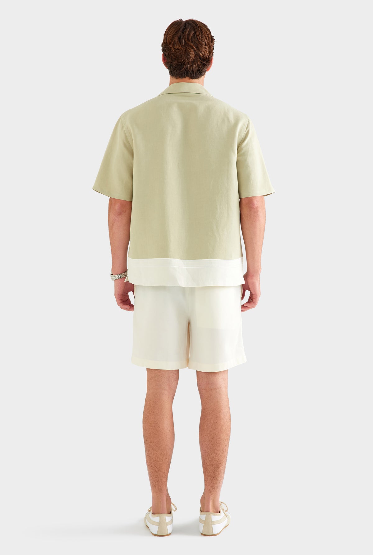 Applique Border Silk Linen Shirt - Stone Green/Cream