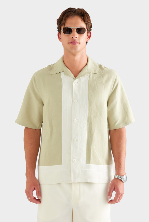 Applique Border Silk Linen Shirt - Stone Green/Cream