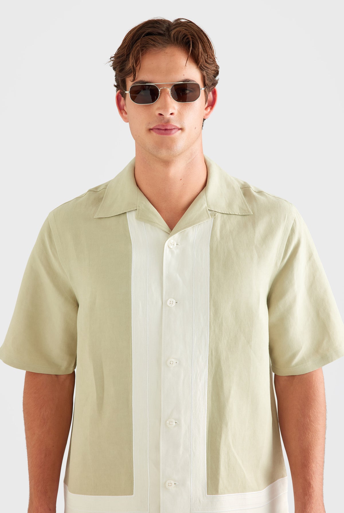 Applique Border Silk Linen Shirt - Stone Green/Cream