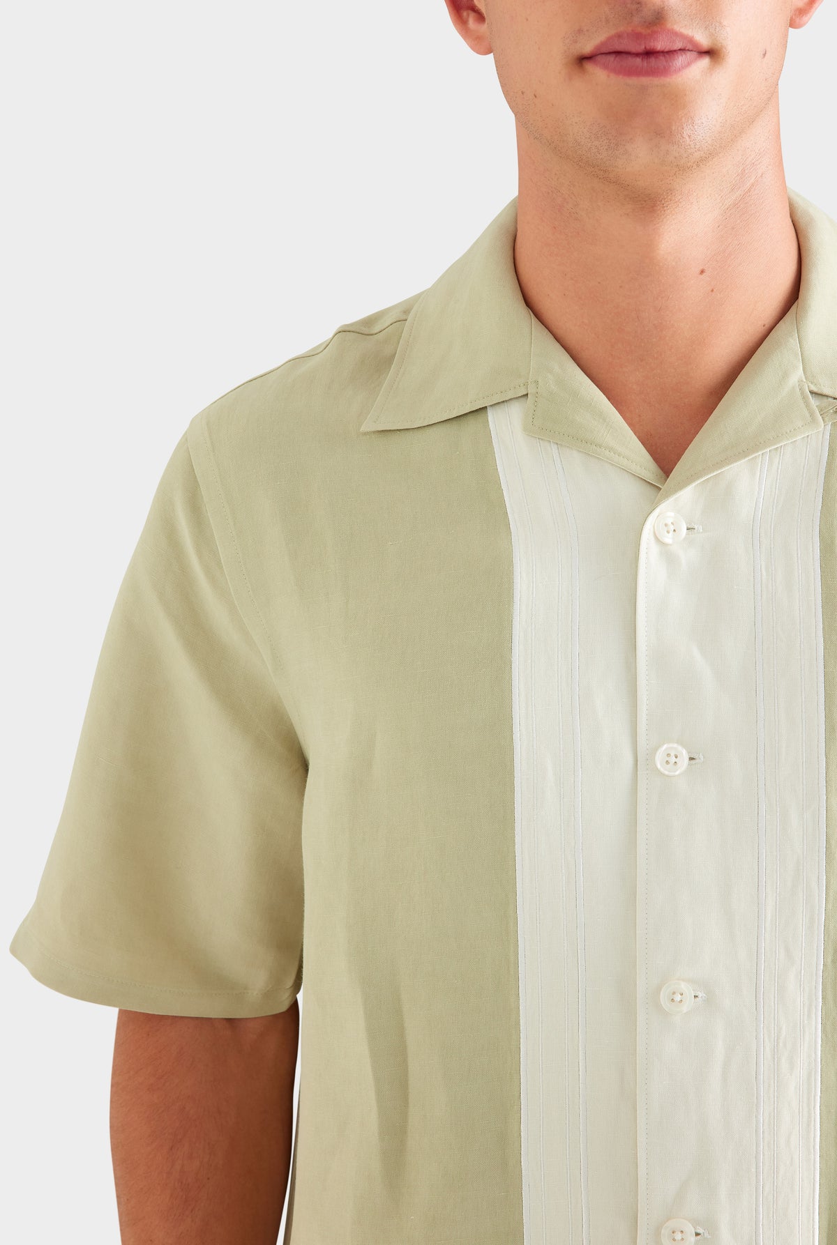 Applique Border Silk Linen Shirt - Stone Green/Cream