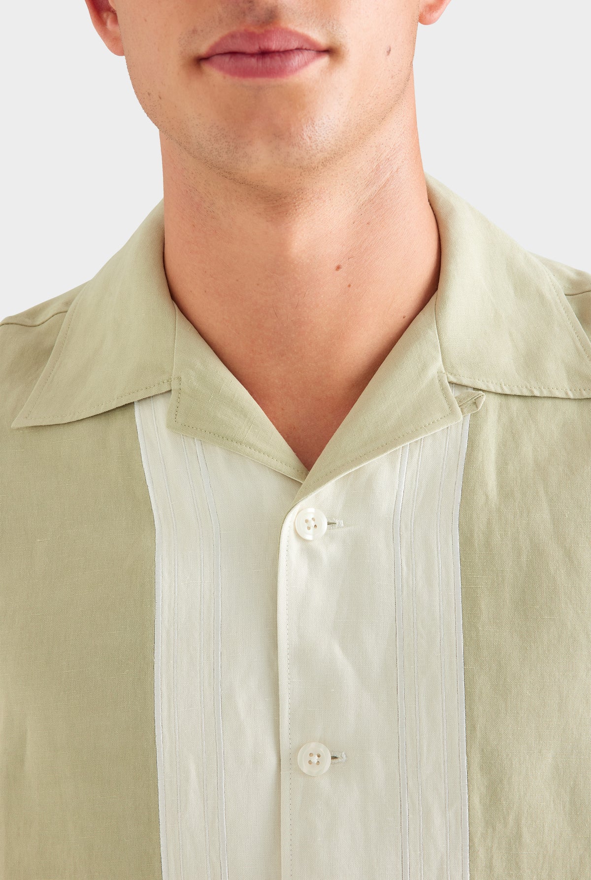 Applique Border Silk Linen Shirt - Stone Green/Cream