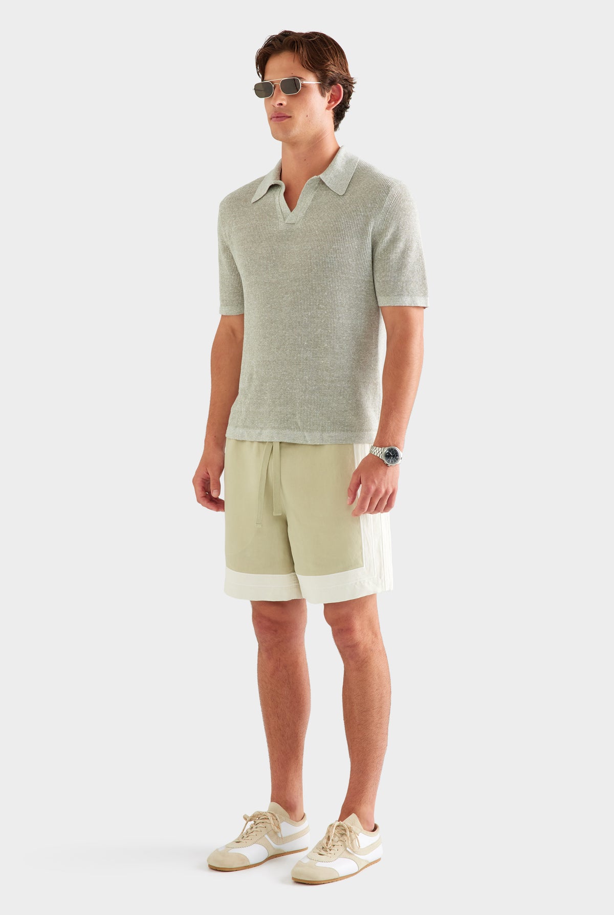 Rib Knit Open Neck Polo - Sage Marl