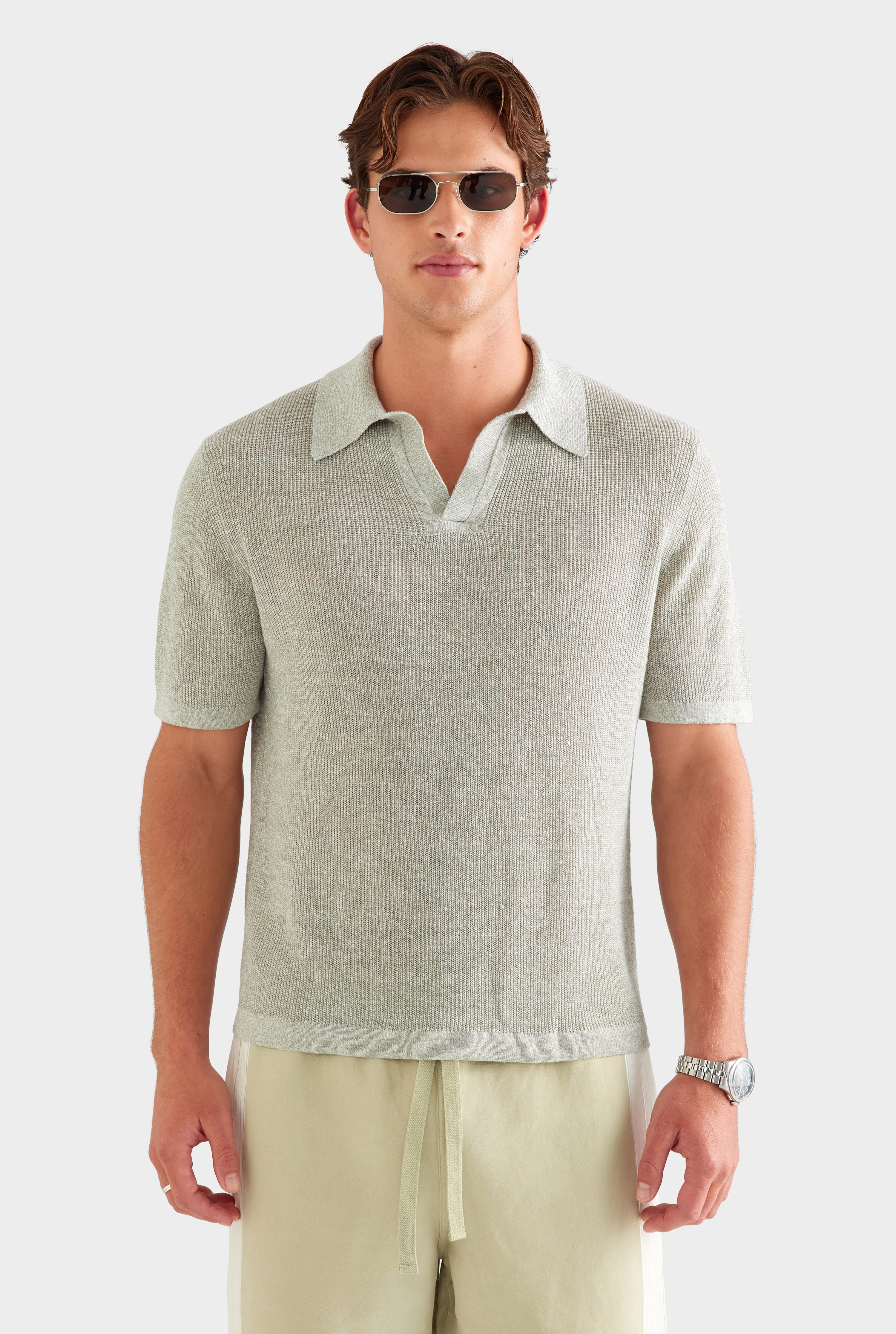 Rib Knit Open Neck Polo - Sage Marl