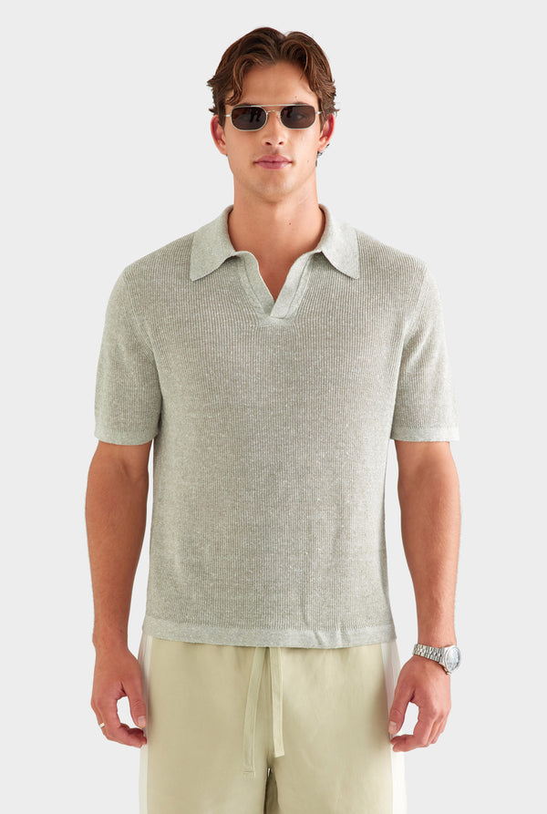 Rib Knit Open Neck Polo - Sage Marl