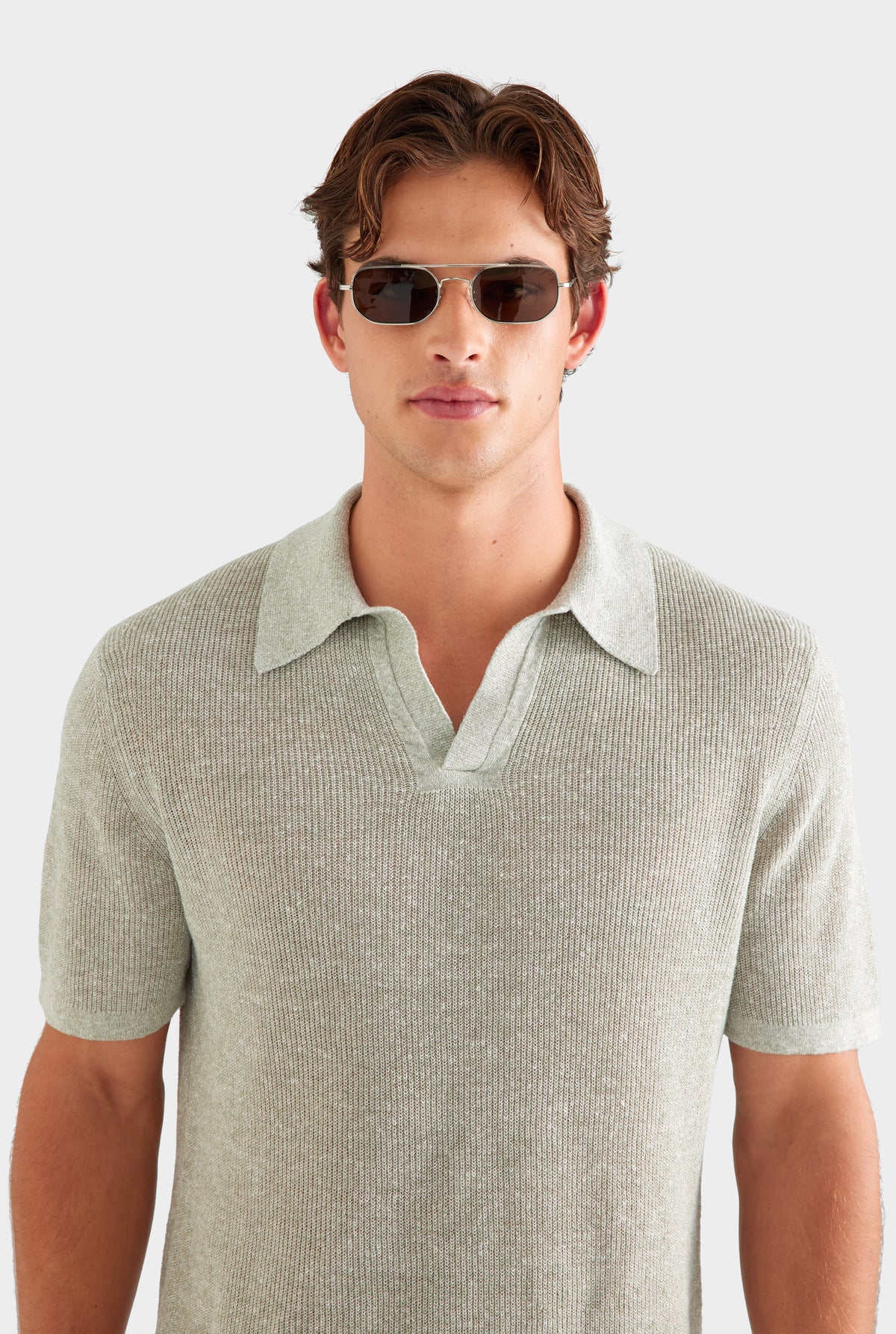 Rib Knit Open Neck Polo - Sage Marl