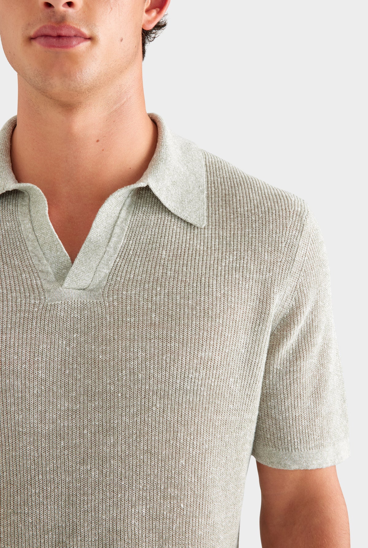 Rib Knit Open Neck Polo - Sage Marl