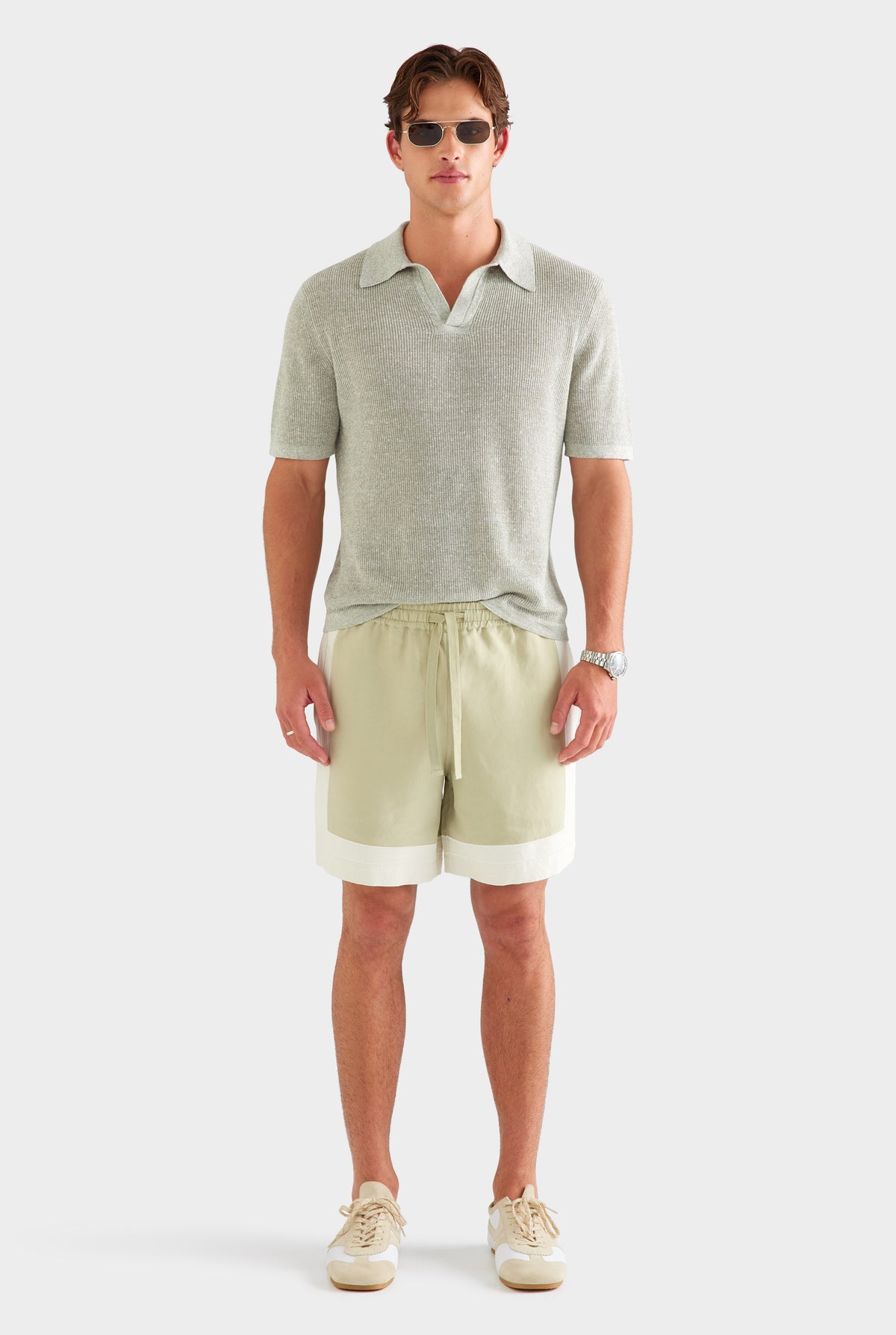 Rib Knit Open Neck Polo - Sage Marl