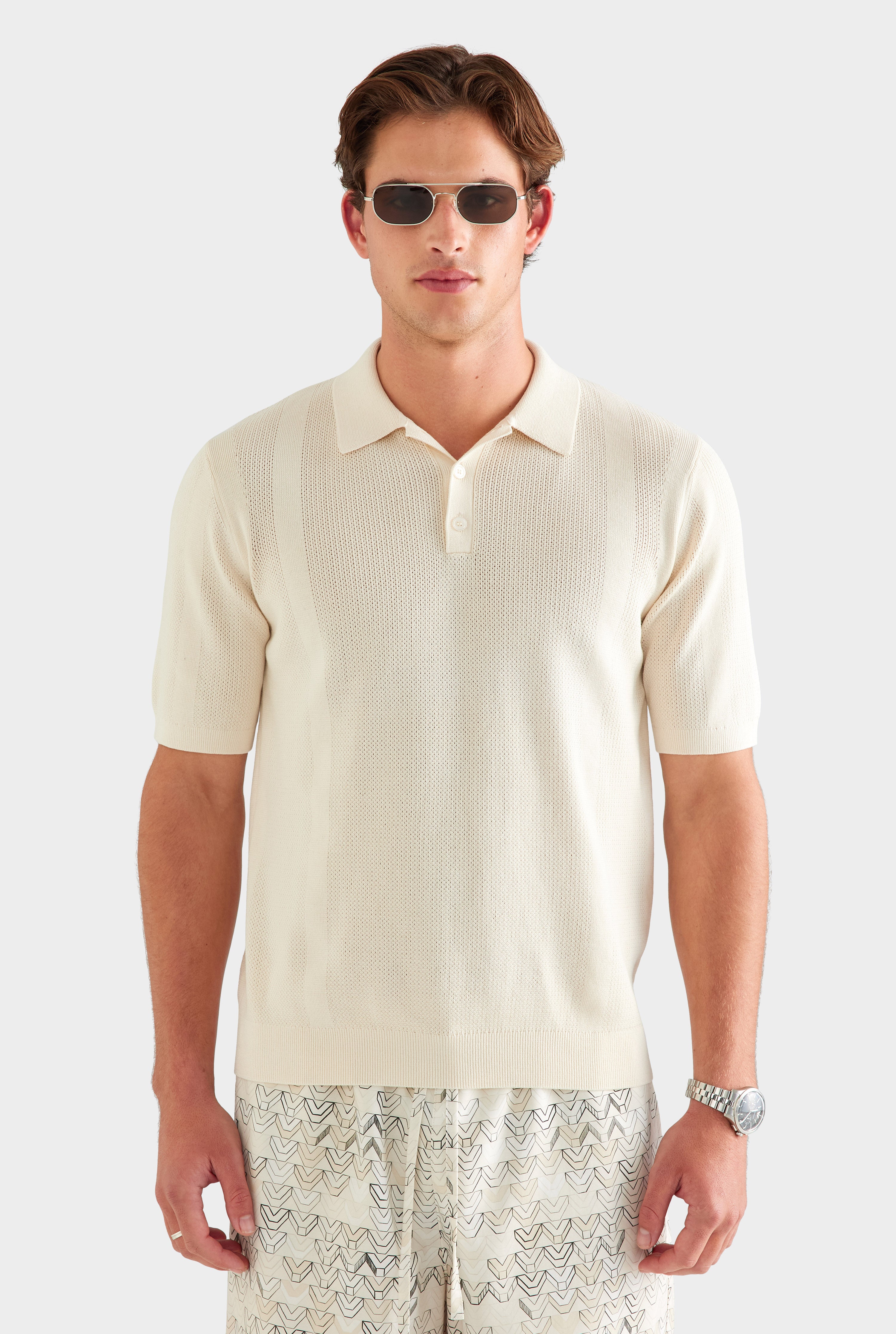 Cotton Pointelle Stripe Polo - Oat