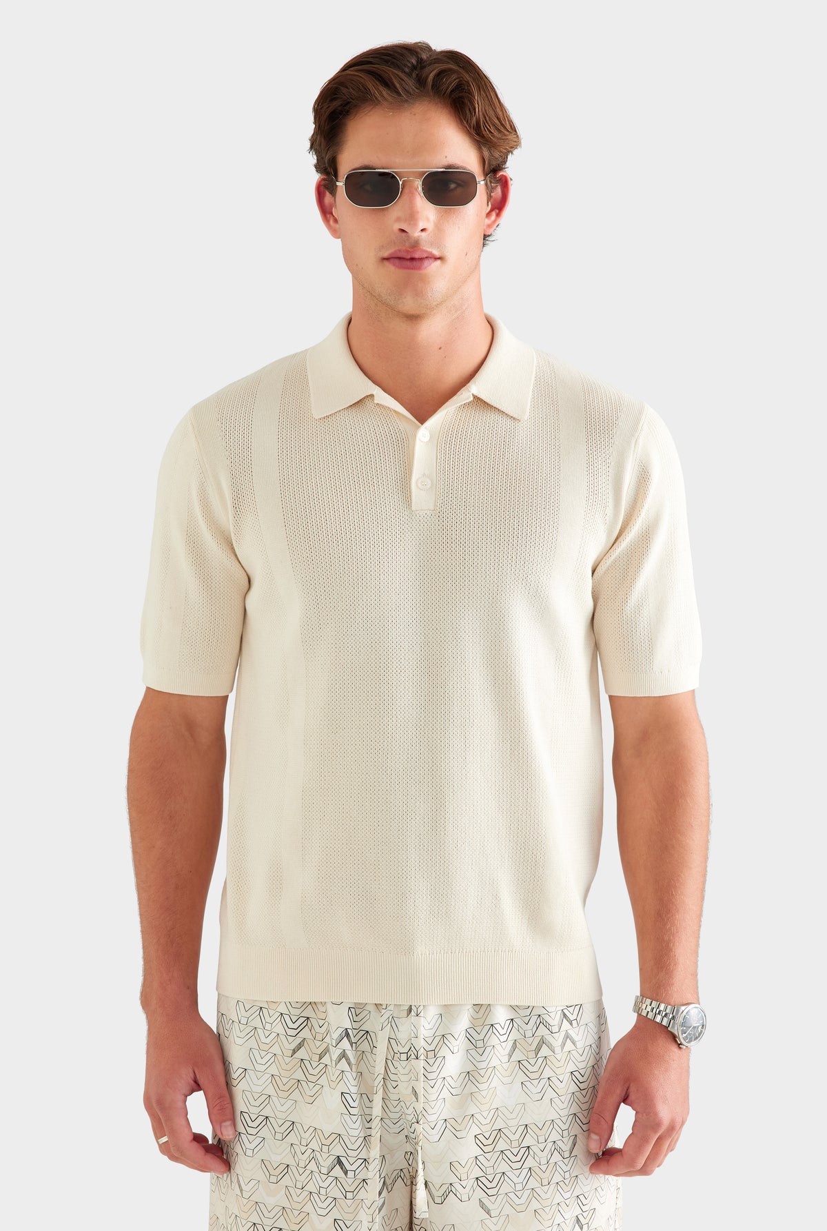 Cotton Pointelle Stripe Polo - Oat