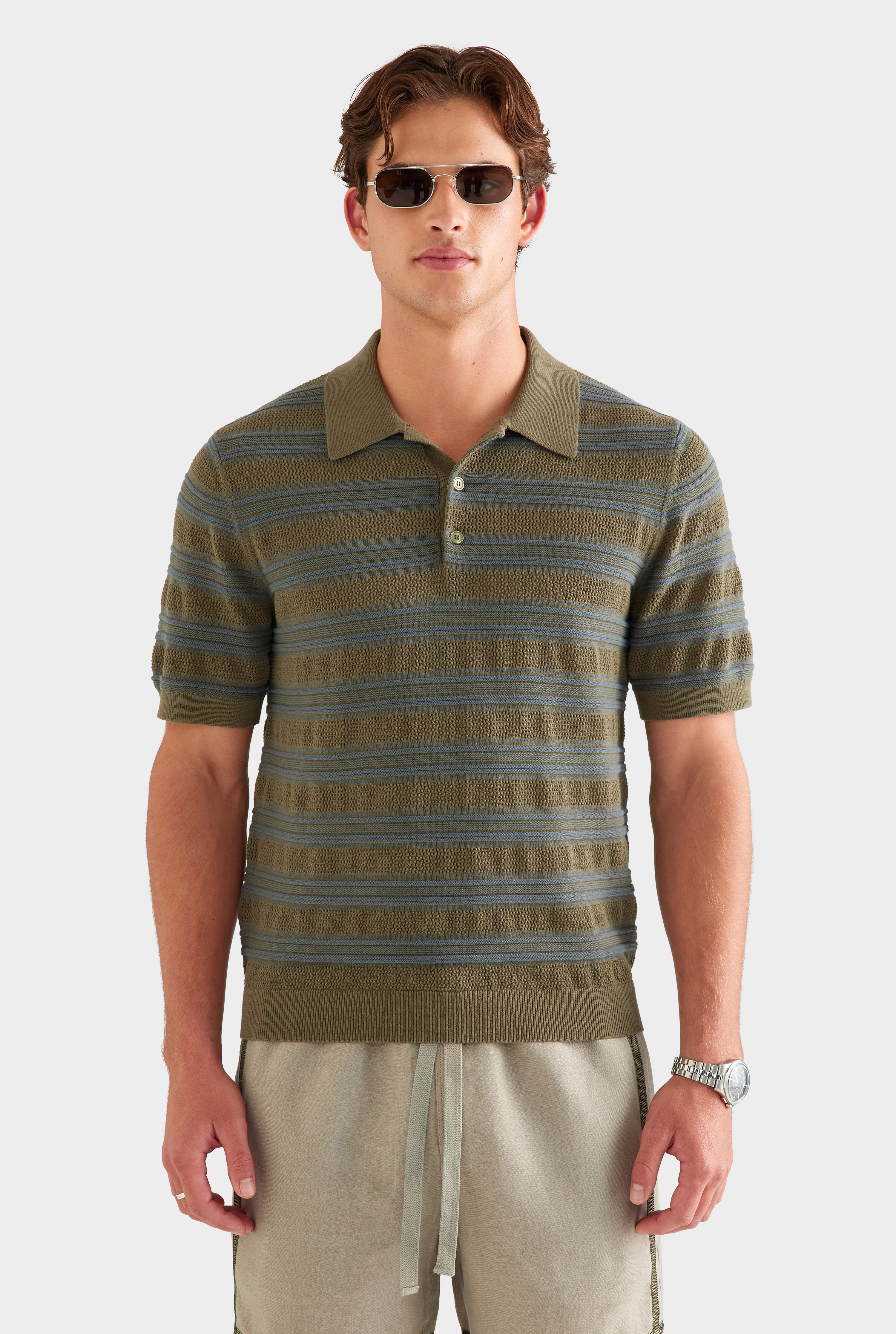 Stripe Ottoman Rib Polo - Olive/Slate Blue