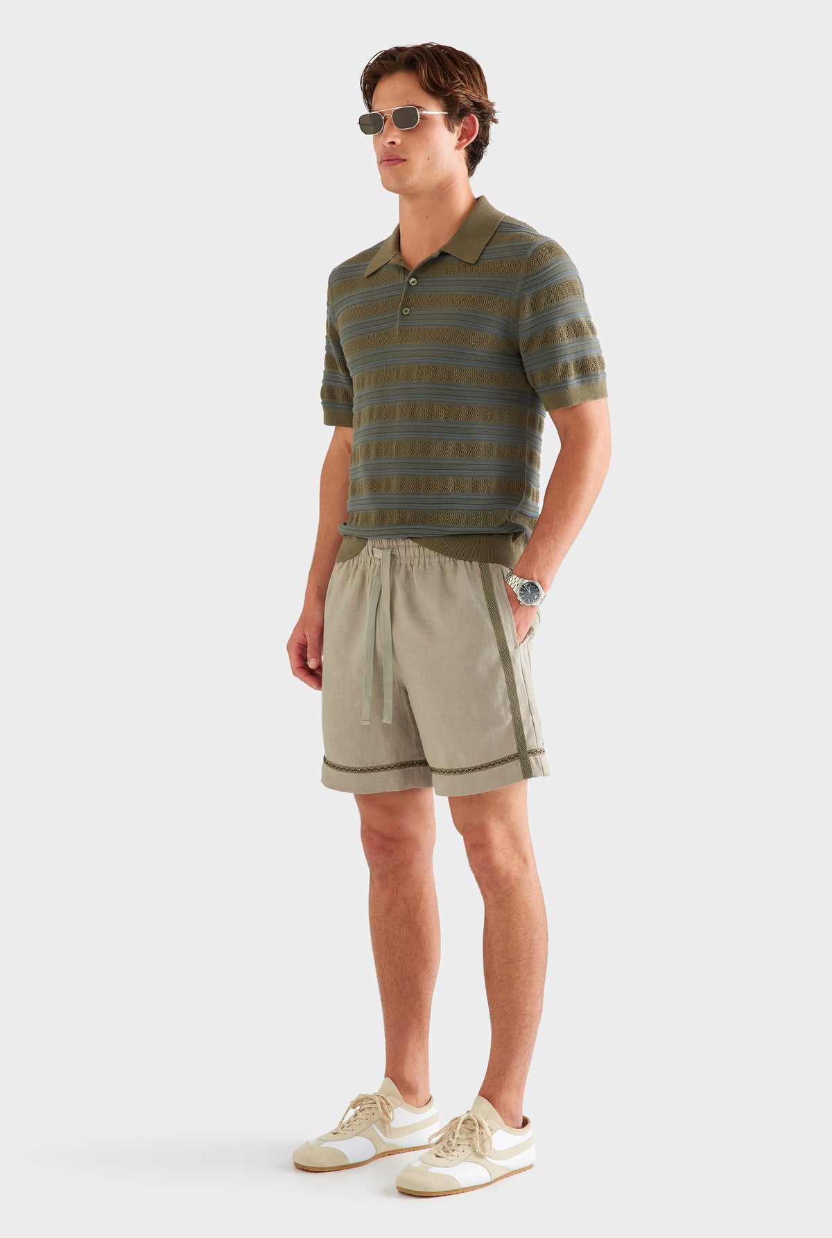 Woven Tape Linen Lounge Short - Olive Taupe [[SU26 - MENS - D1 - 33116 - Stripe Ottoman Rib Polo - Olive-Slate Blue - 34084 - Woven Tape Linen Lounge Short - Olive Taupe_0388.jpg]]